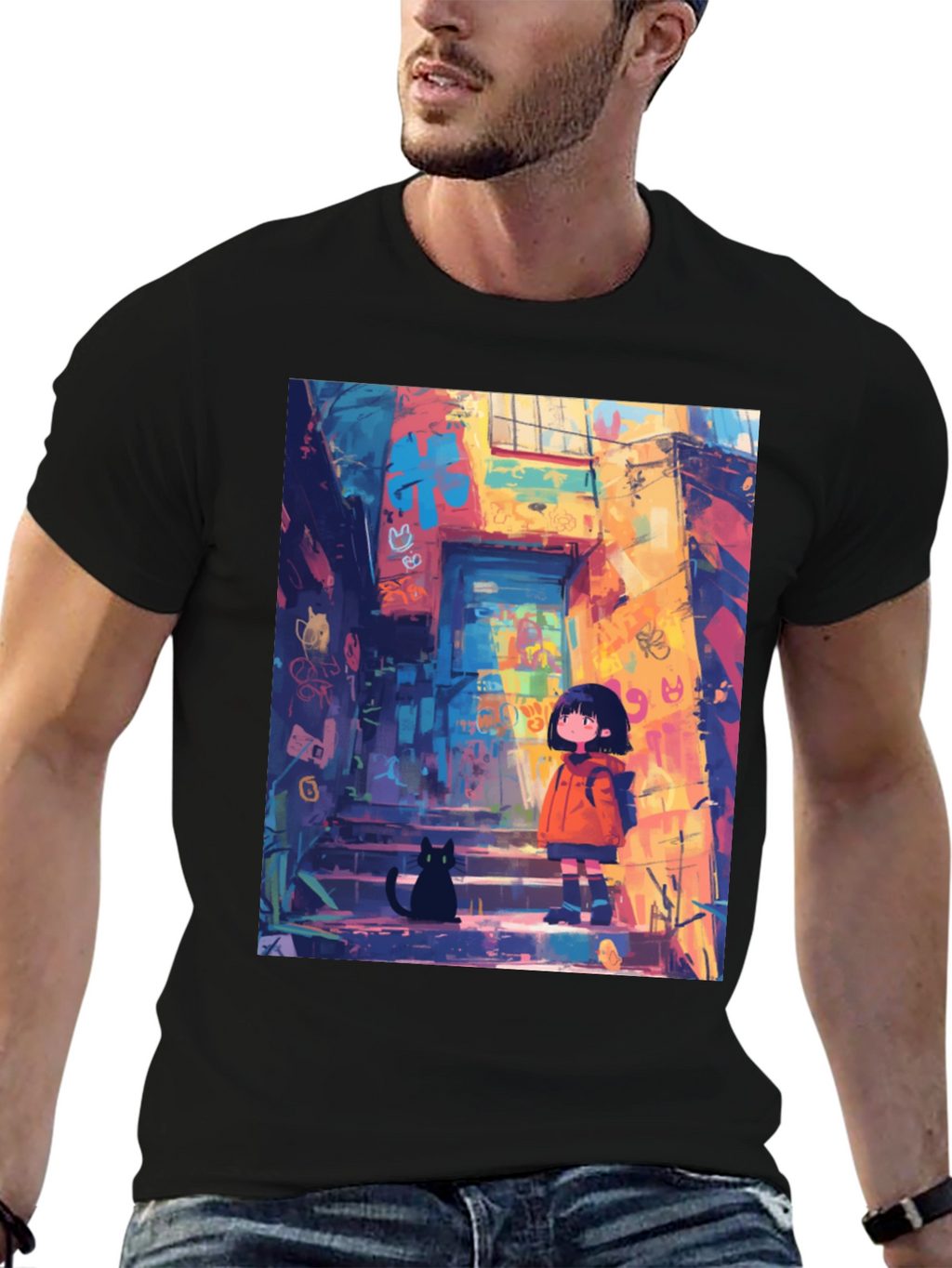 Anime Girl & Cat Black T-Shirt
