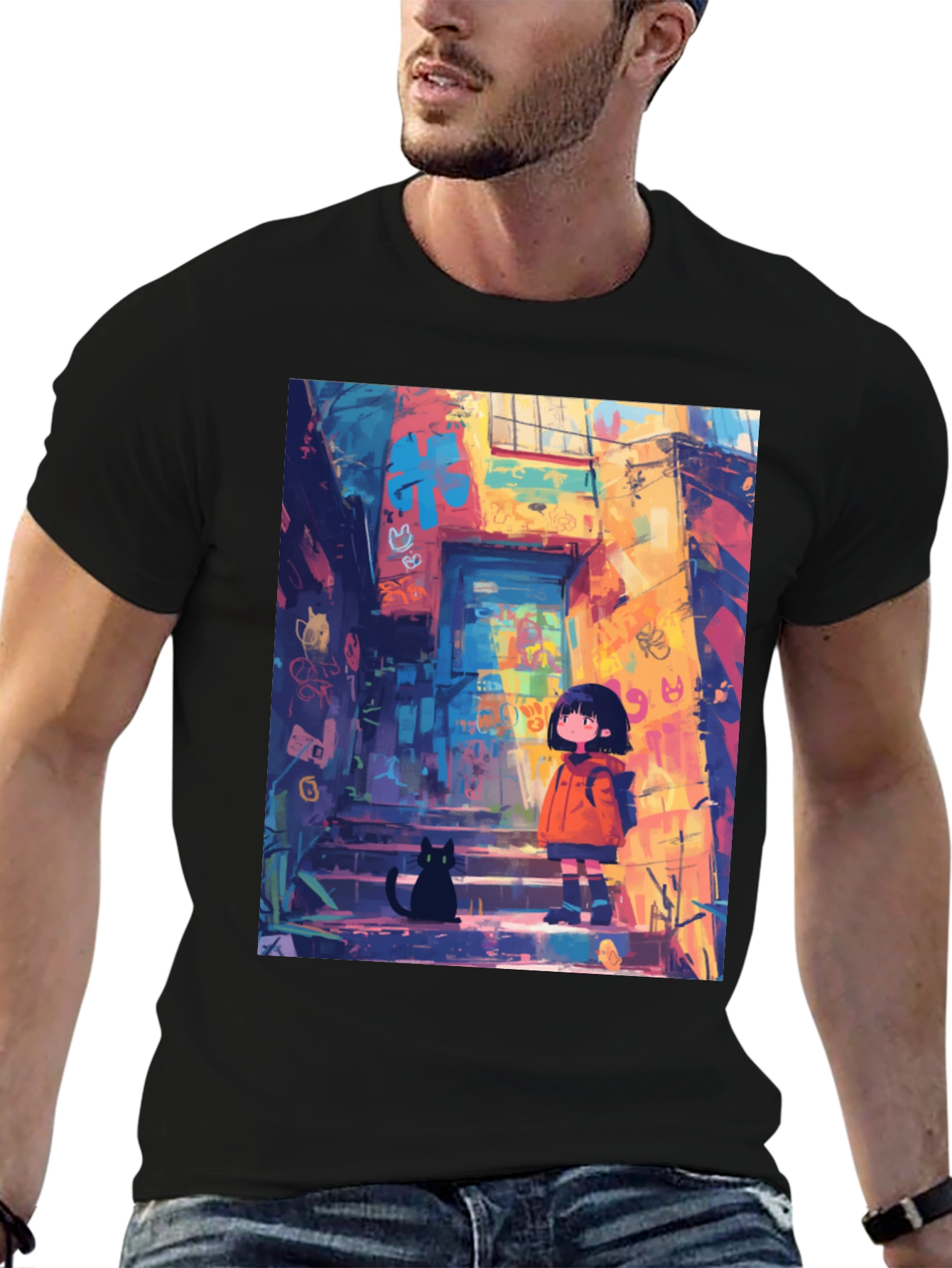 Anime Girl & Cat Black T-Shirt