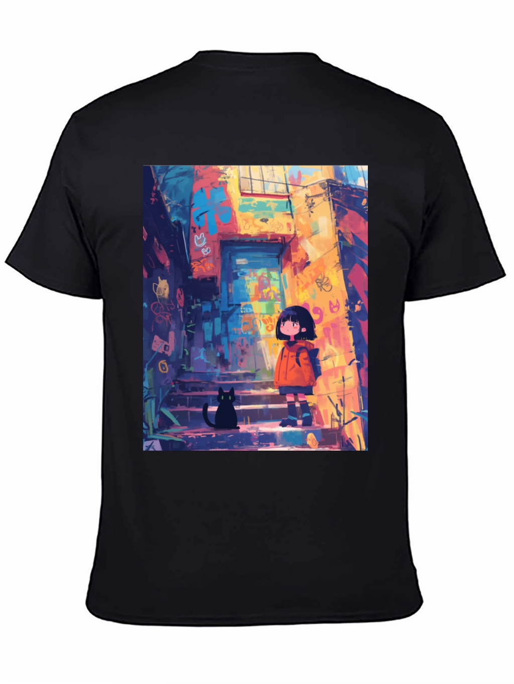 Anime Girl & Cat Black T-Shirt