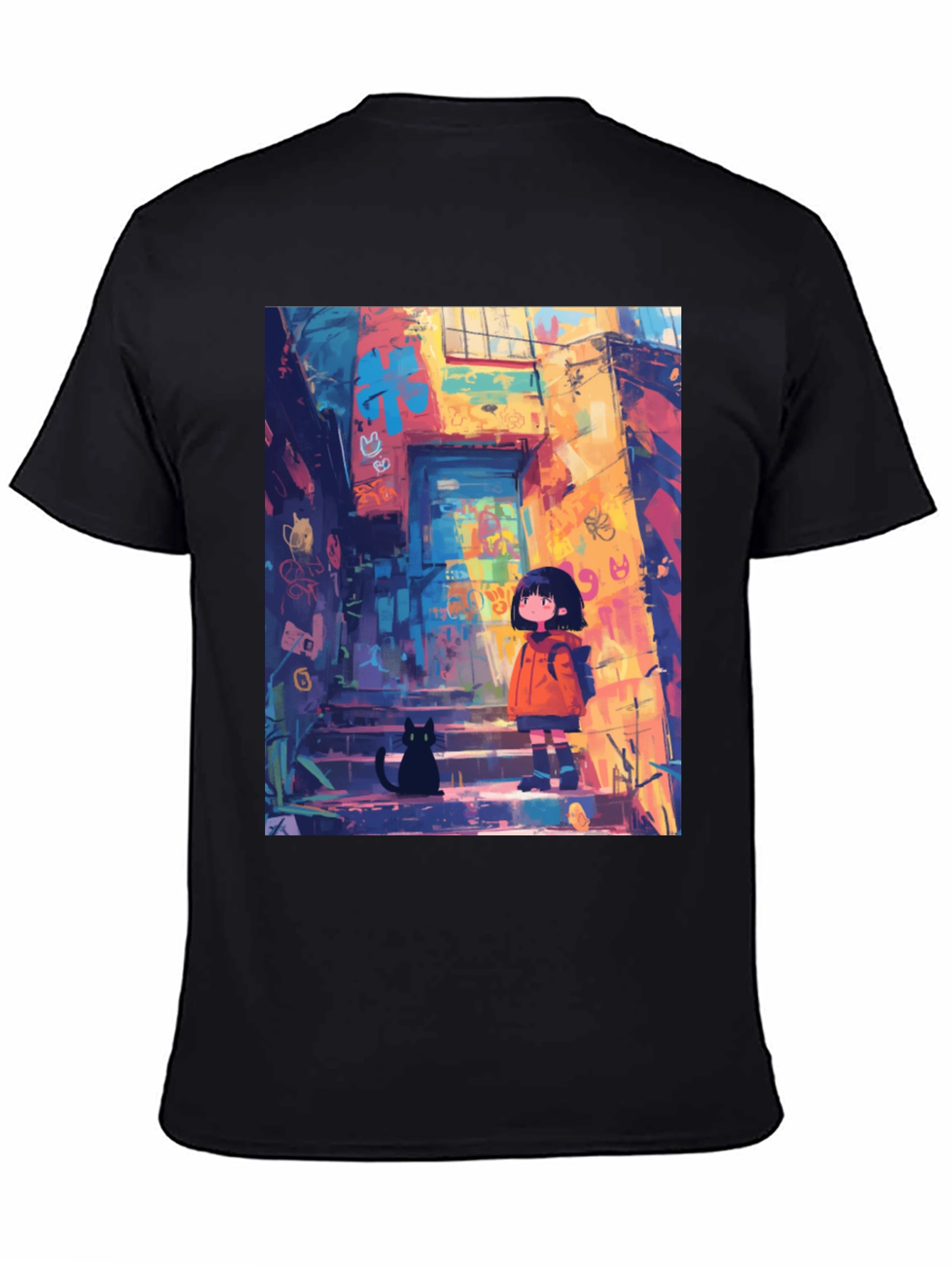 Anime Girl & Cat Black T-Shirt