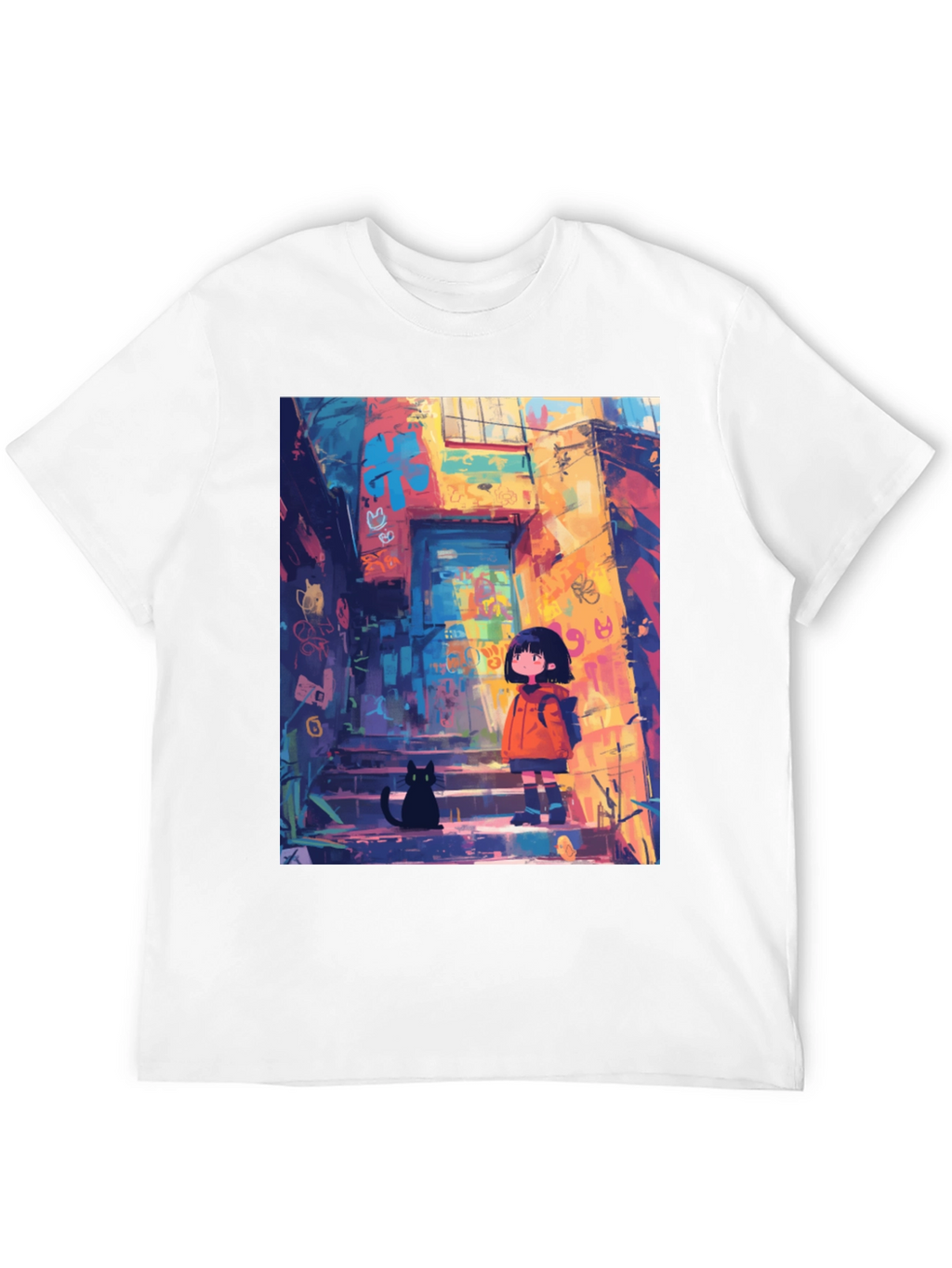 Anime Girl & Cat Black T-Shirt