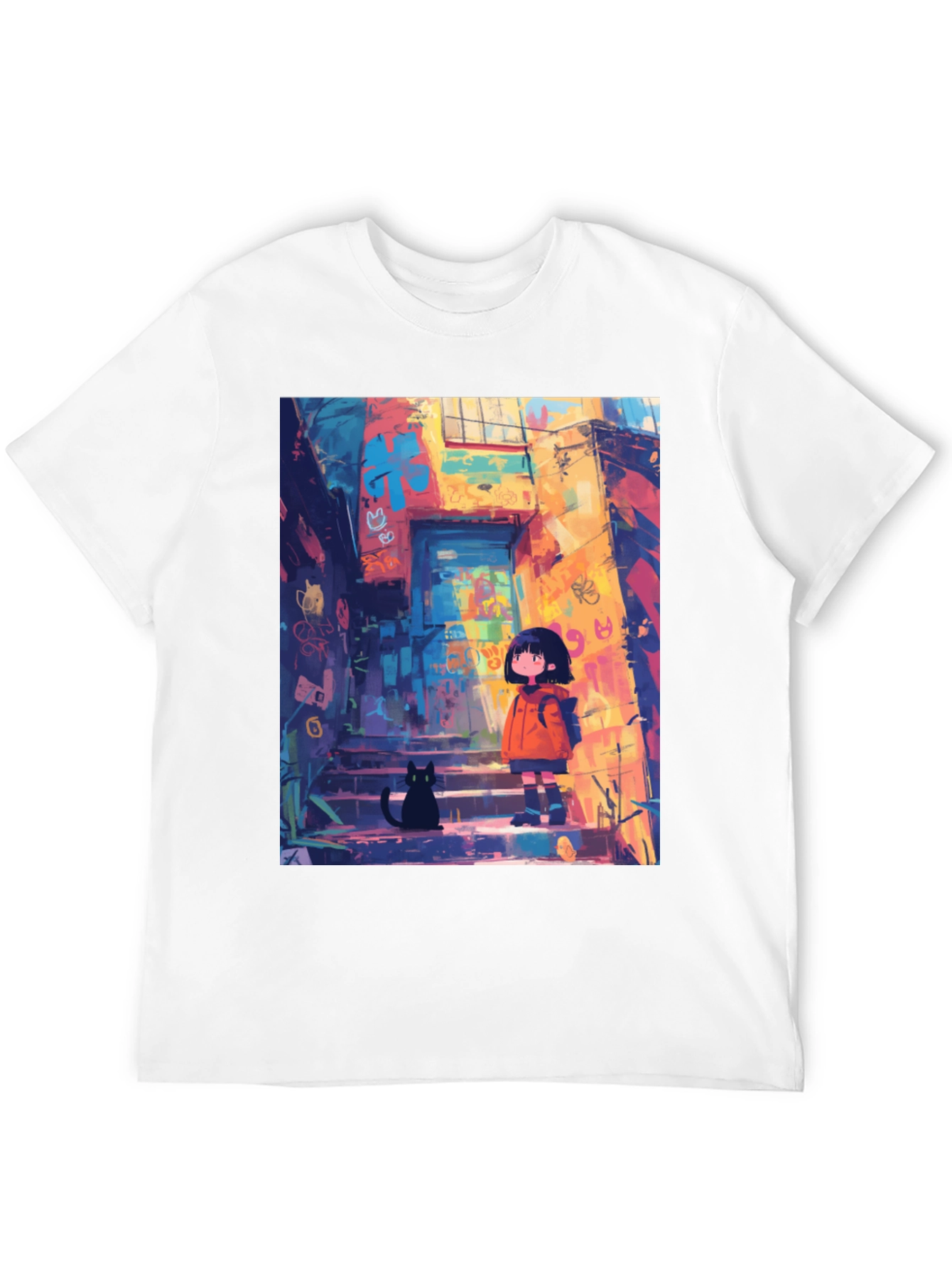 Anime Girl & Cat Black T-Shirt