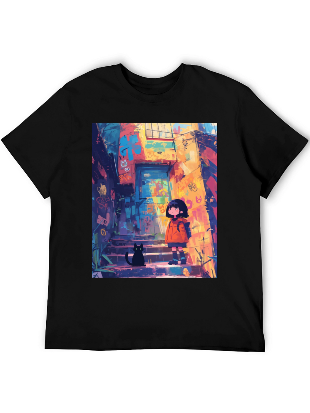 Anime Girl & Cat Black T-Shirt