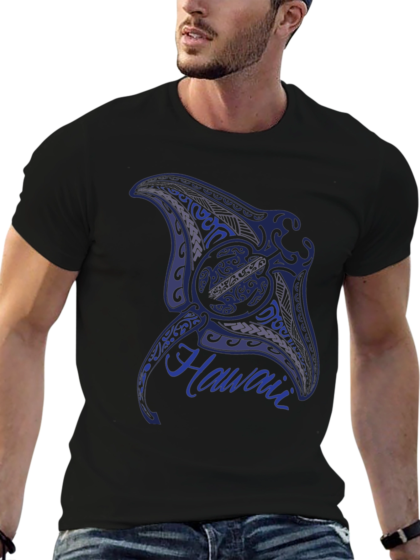 Mens Black T-Shirt with Manta Ray Hawaii Design