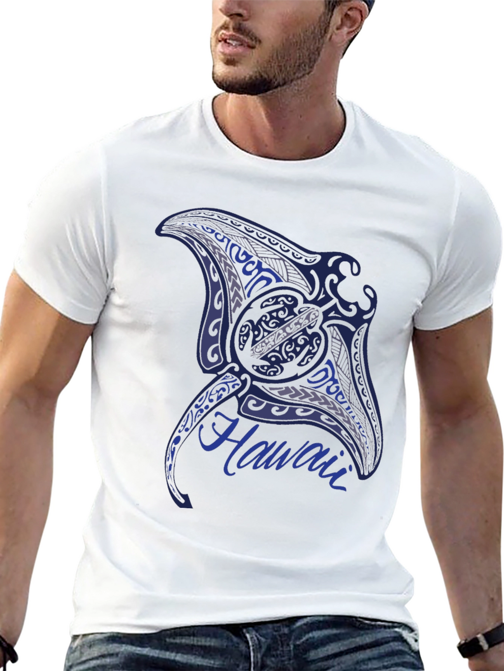Mens Black T-Shirt with Manta Ray Hawaii Design