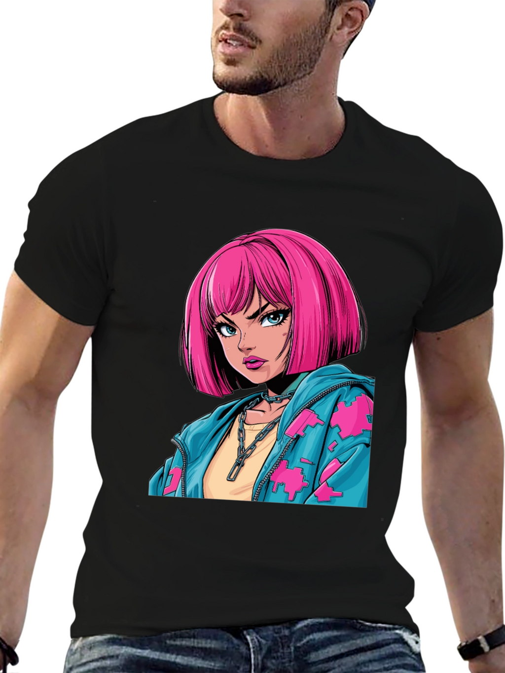 Anime Girl Graphic Print Black T-Shirt