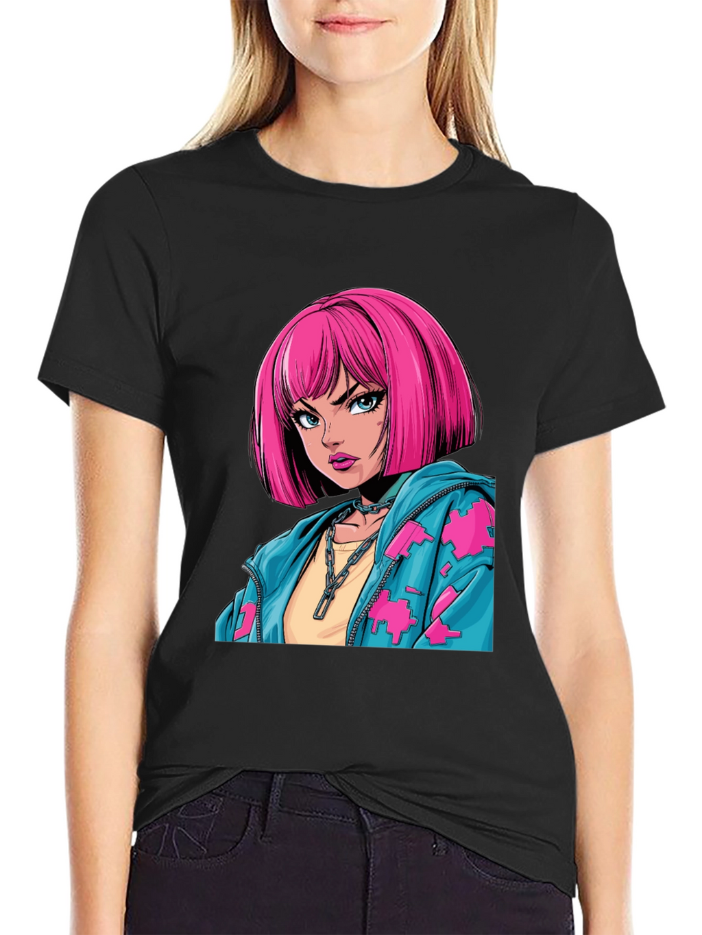 Anime Girl Graphic Print Black T-Shirt