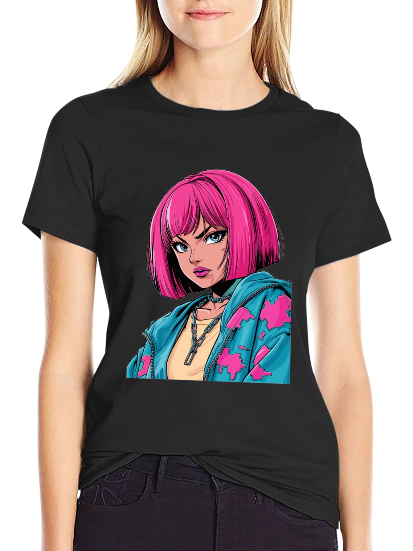Anime Girl Graphic Print Black T-Shirt
