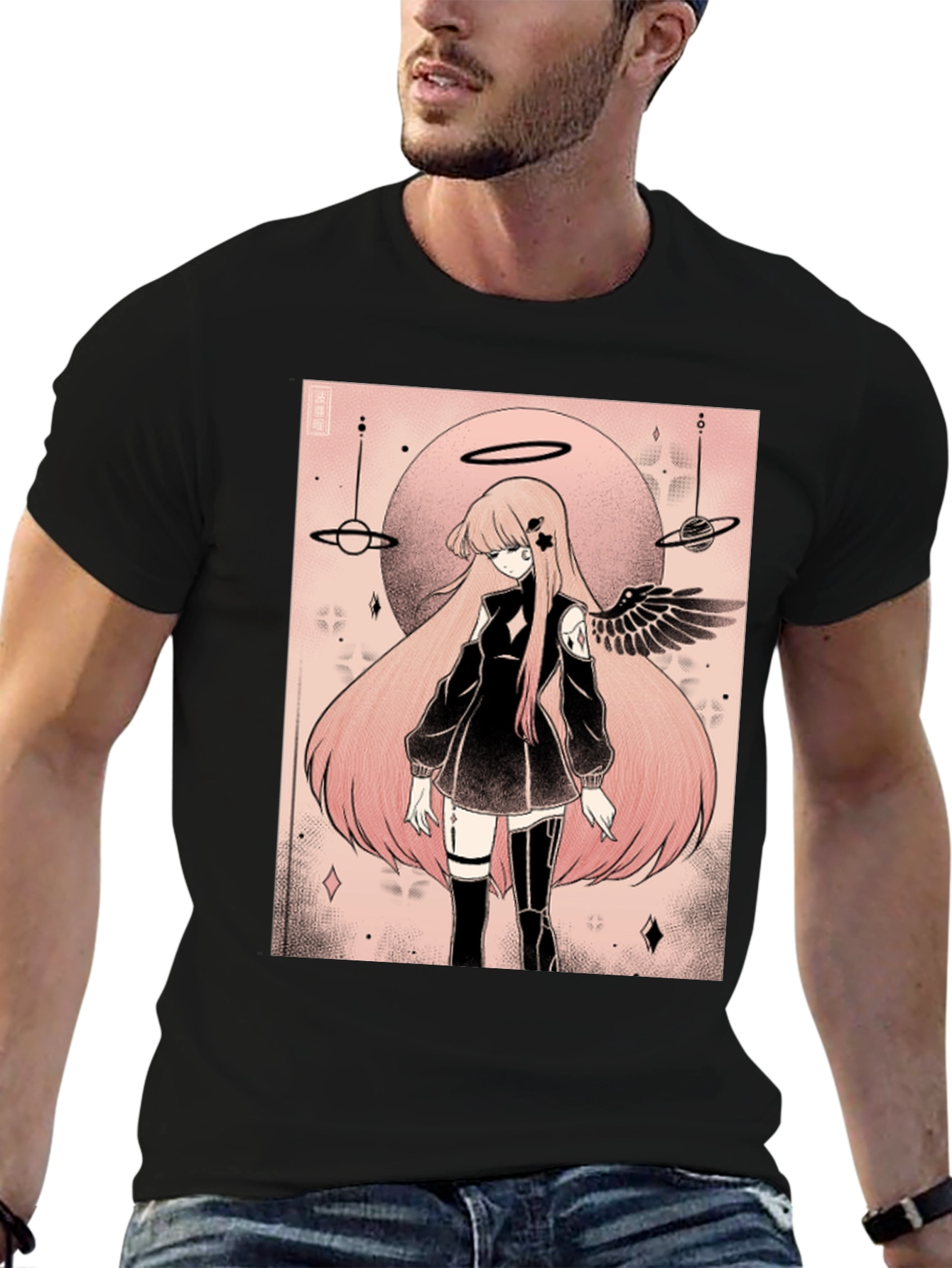Anime Angel Graphic Tee - Black Cotton T-Shirt