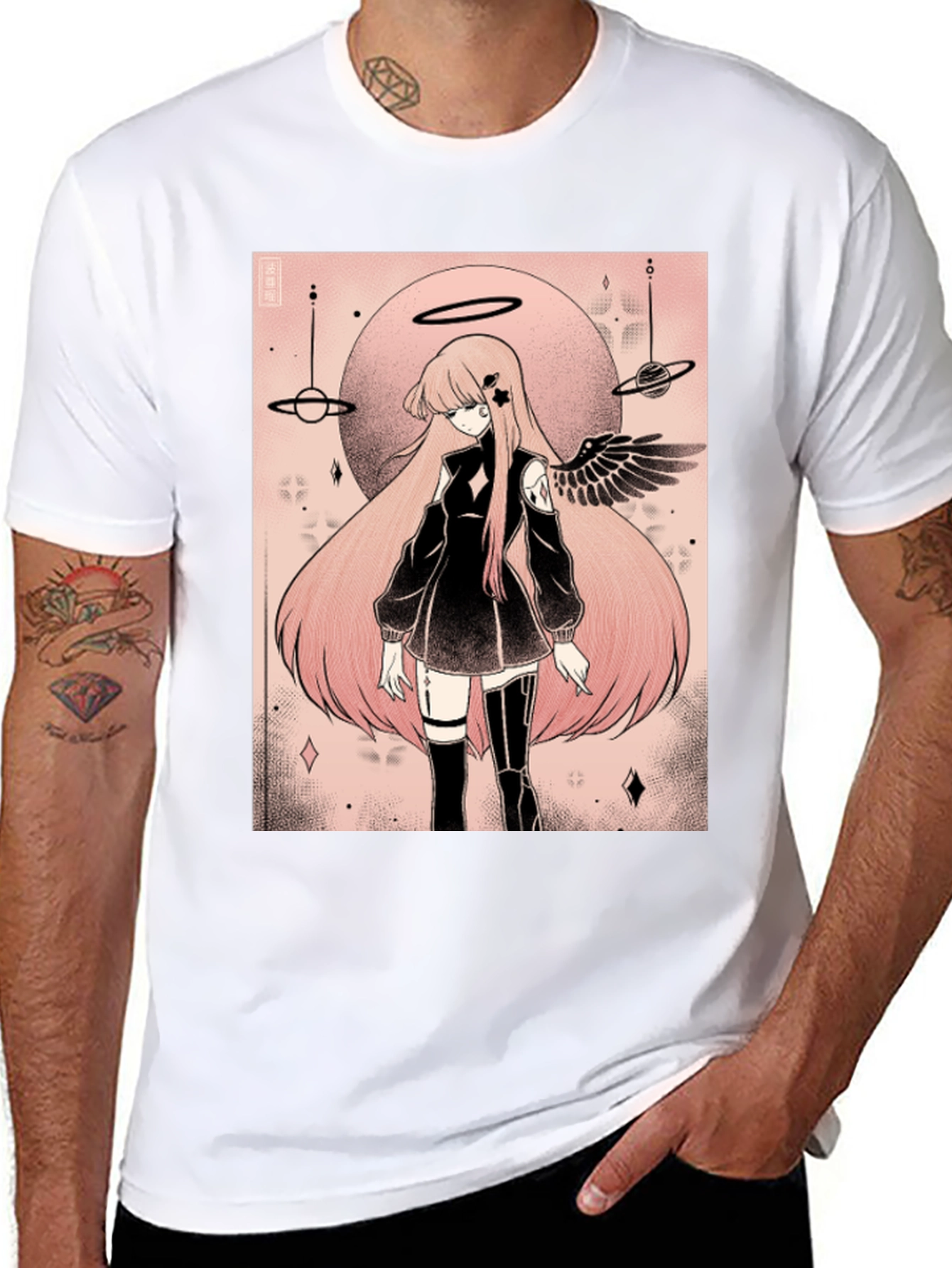 Anime Angel Graphic Tee - Black Cotton T-Shirt