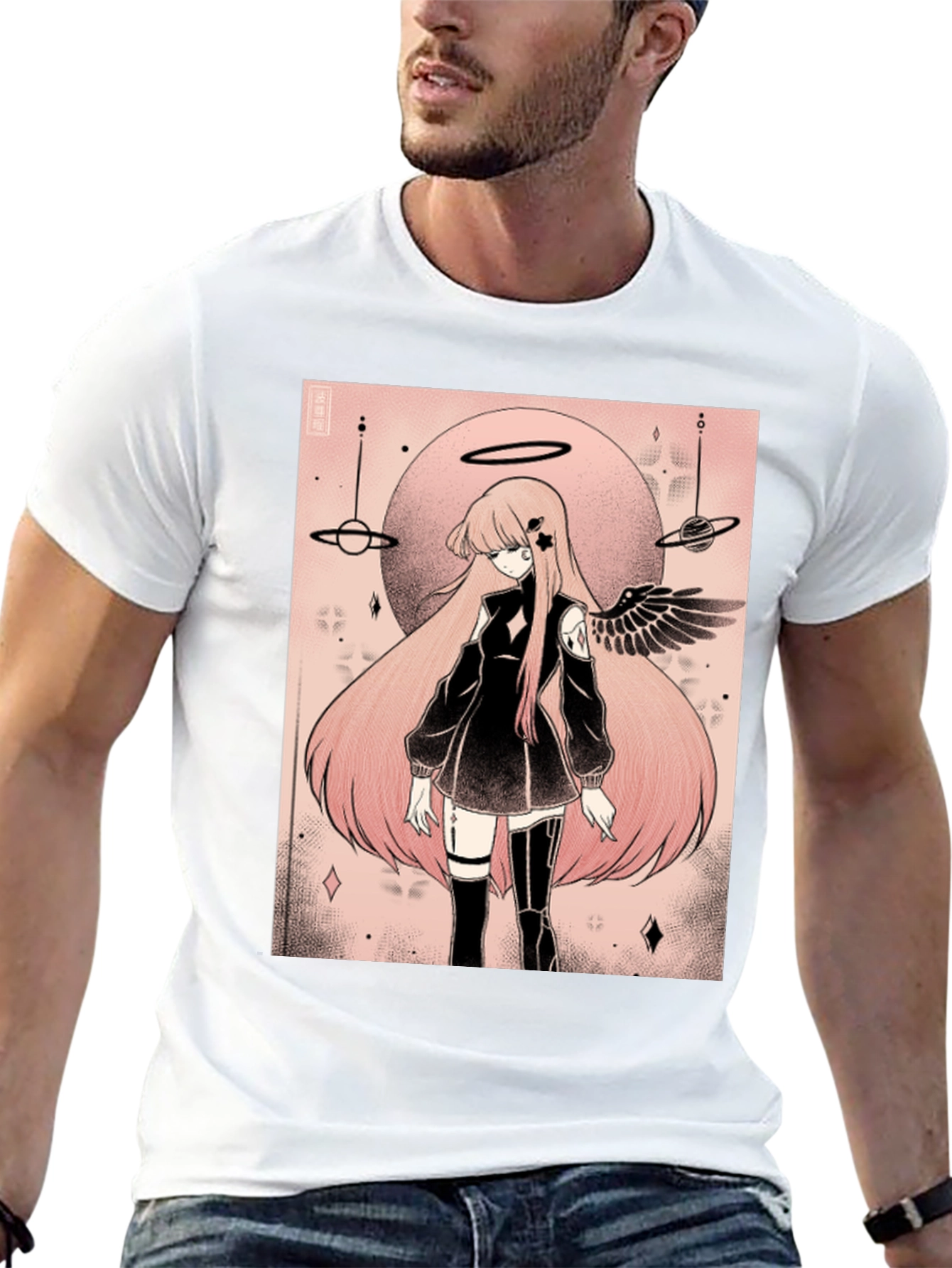 Anime Angel Graphic Tee - Black Cotton T-Shirt