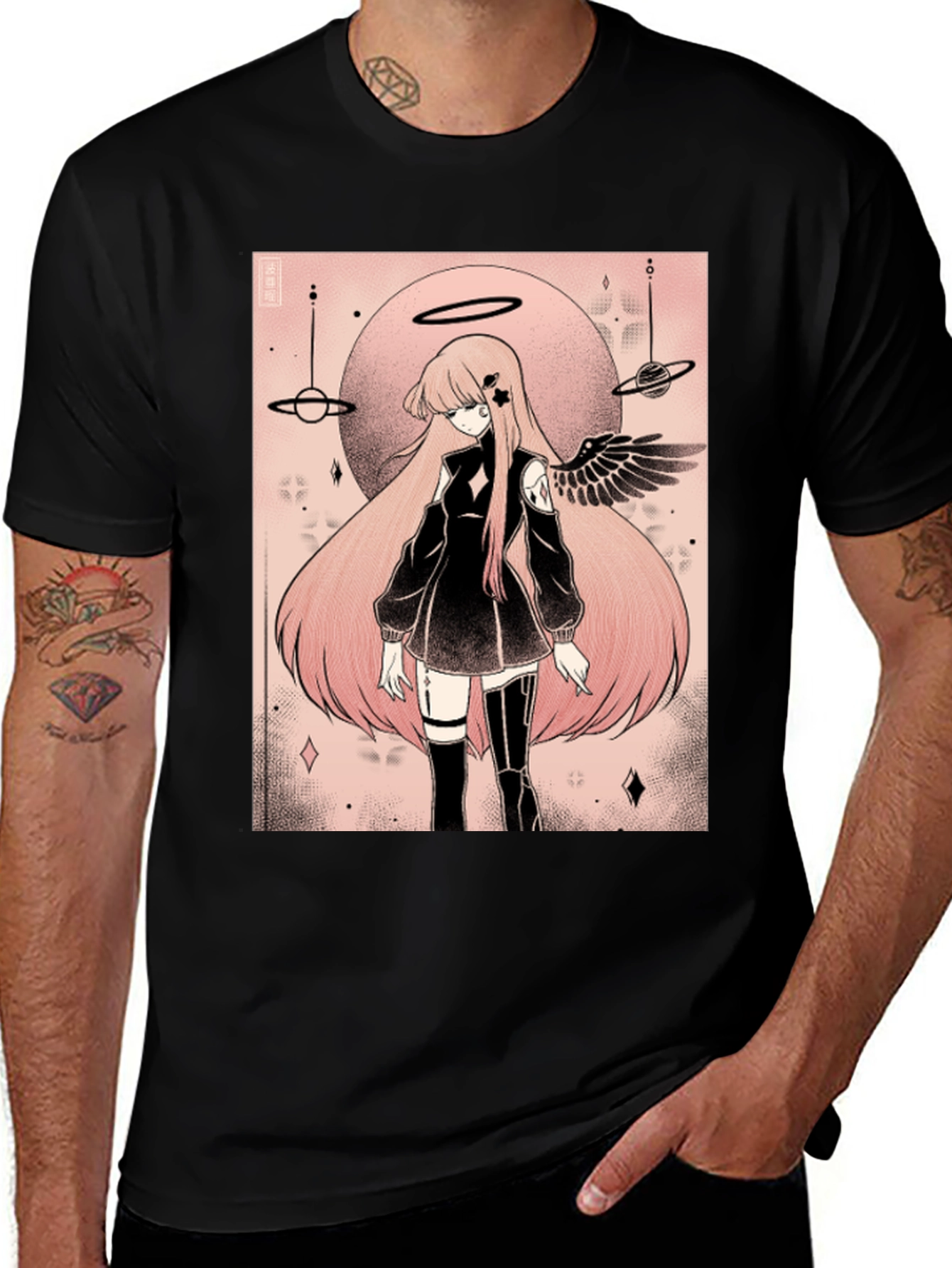 Anime Angel Graphic Tee - Black Cotton T-Shirt