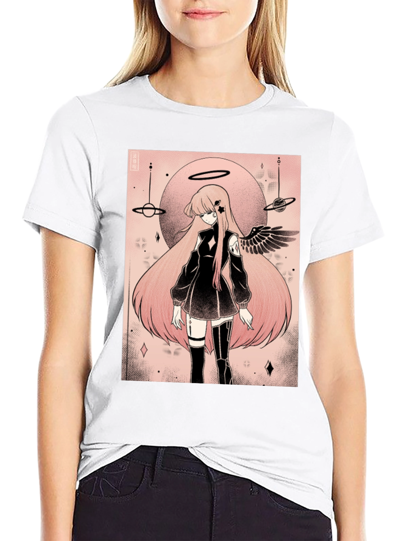Anime Angel Graphic Tee - Black Cotton T-Shirt