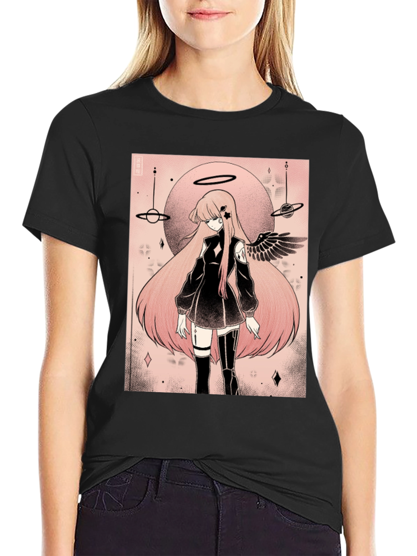 Anime Angel Graphic Tee - Black Cotton T-Shirt