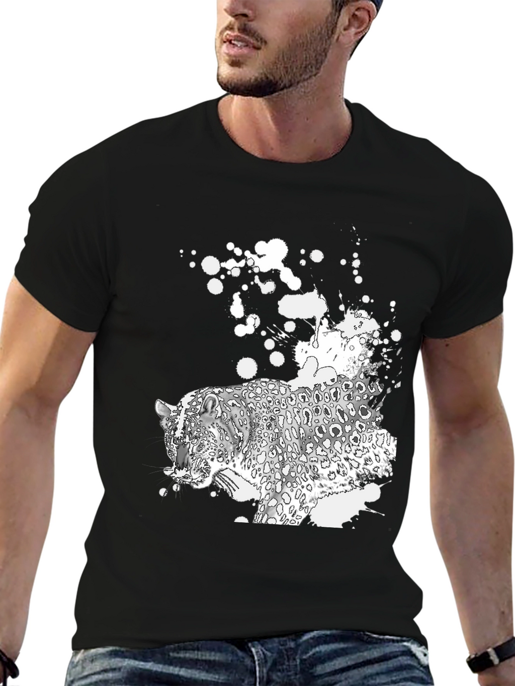 Black T-Shirt with Leopard Graphic