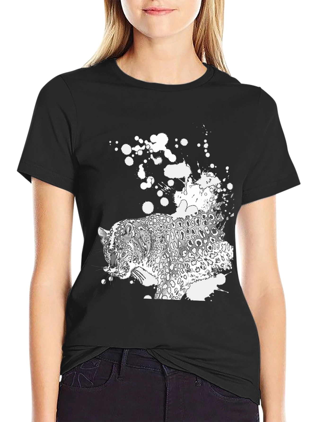 Black T-Shirt with Leopard Graphic