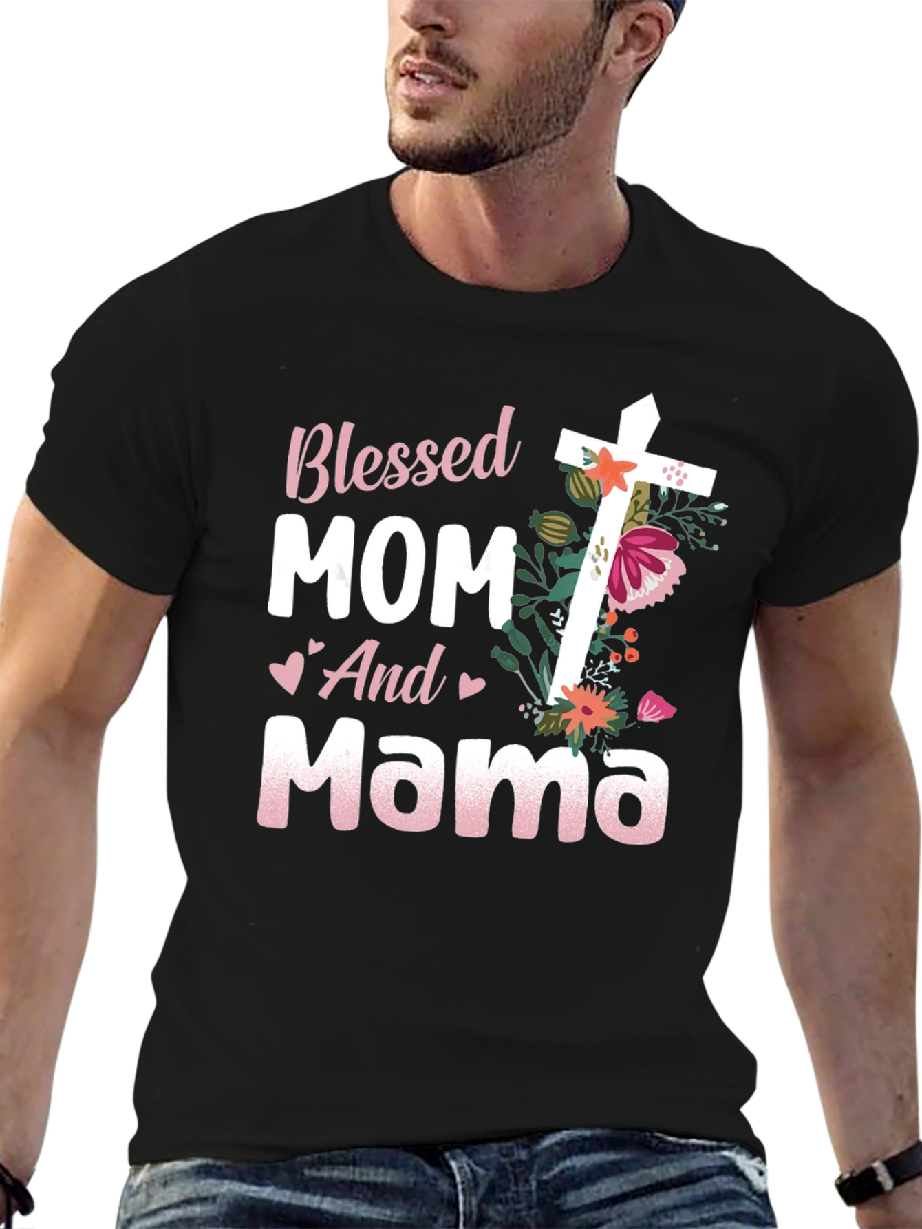 Blessed Mom and Mama Floral Cross Graphic Tee