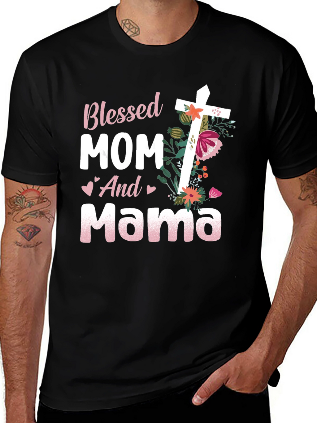 Blessed Mom and Mama Floral Cross Graphic Tee
