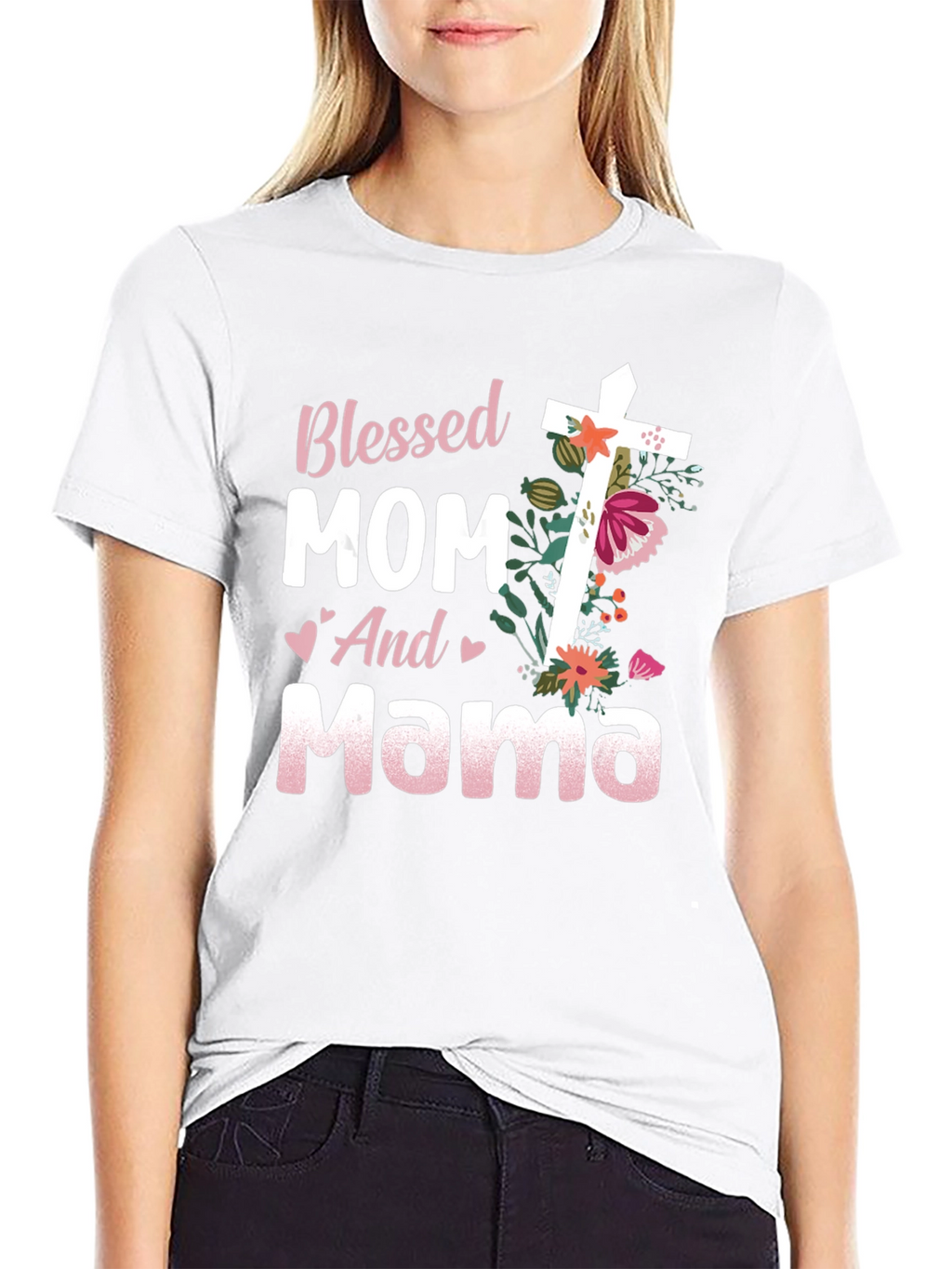Blessed Mom and Mama Floral Cross Graphic Tee
