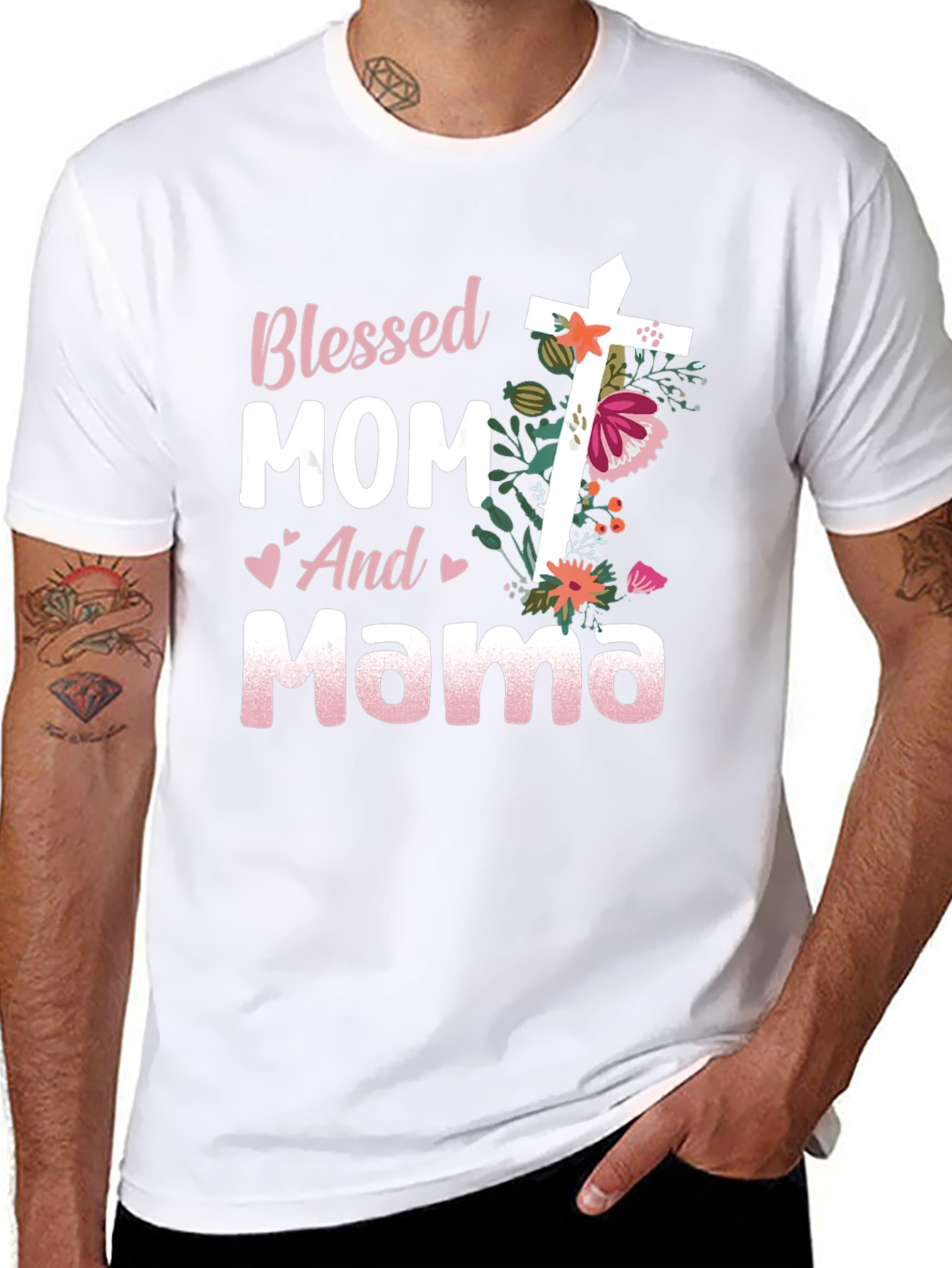 Blessed Mom and Mama Floral Cross Graphic Tee
