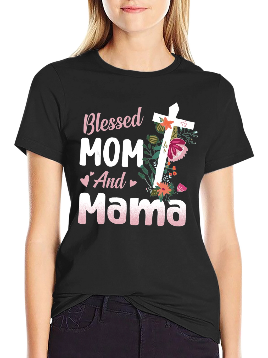 Blessed Mom and Mama Floral Cross Graphic Tee