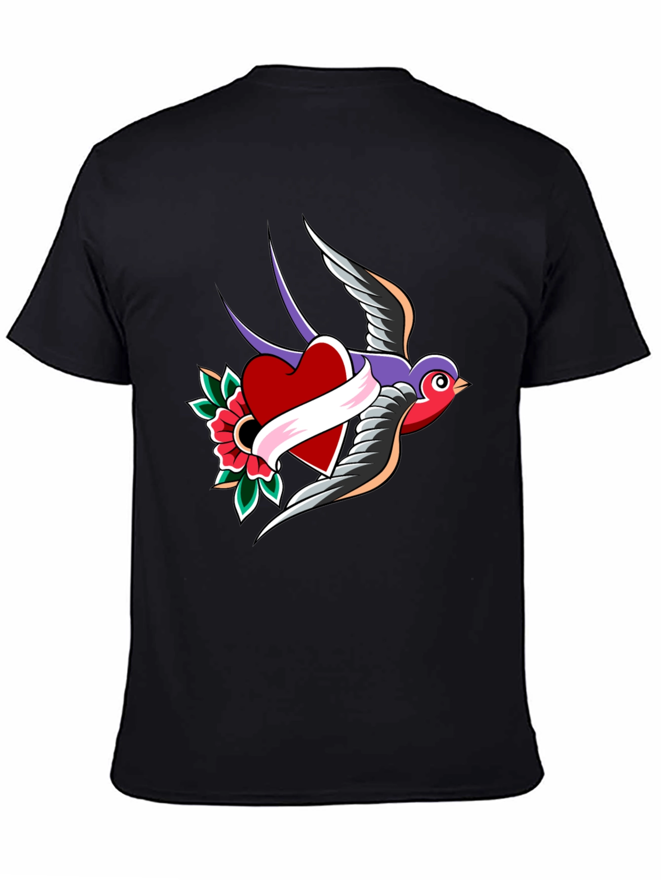 Swallow Heart Tattoo Style Mens Black T-Shirt