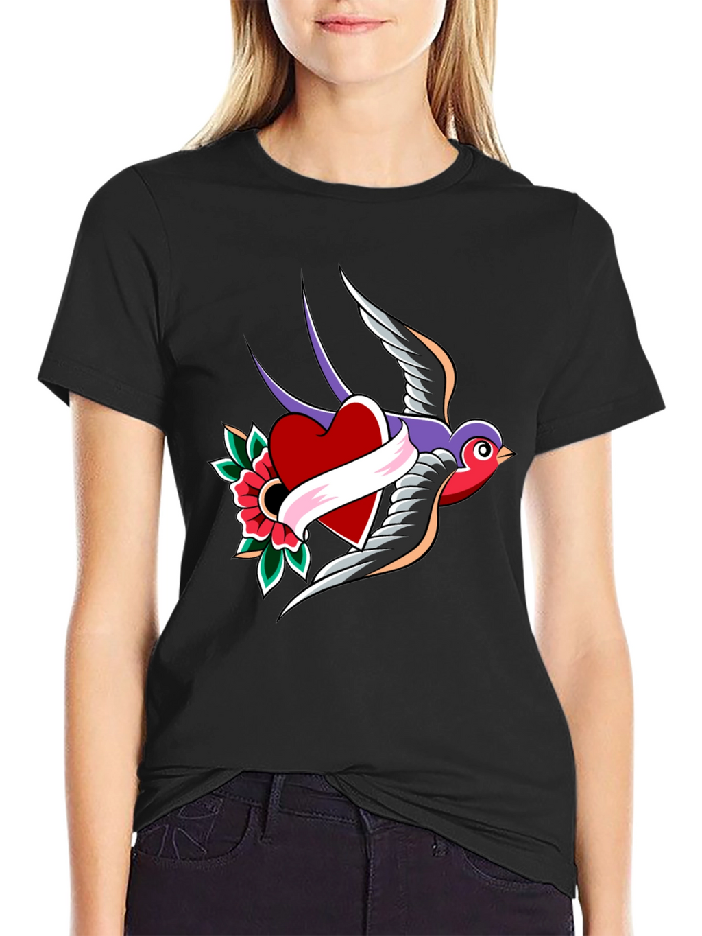 Swallow Heart Tattoo Style Mens Black T-Shirt