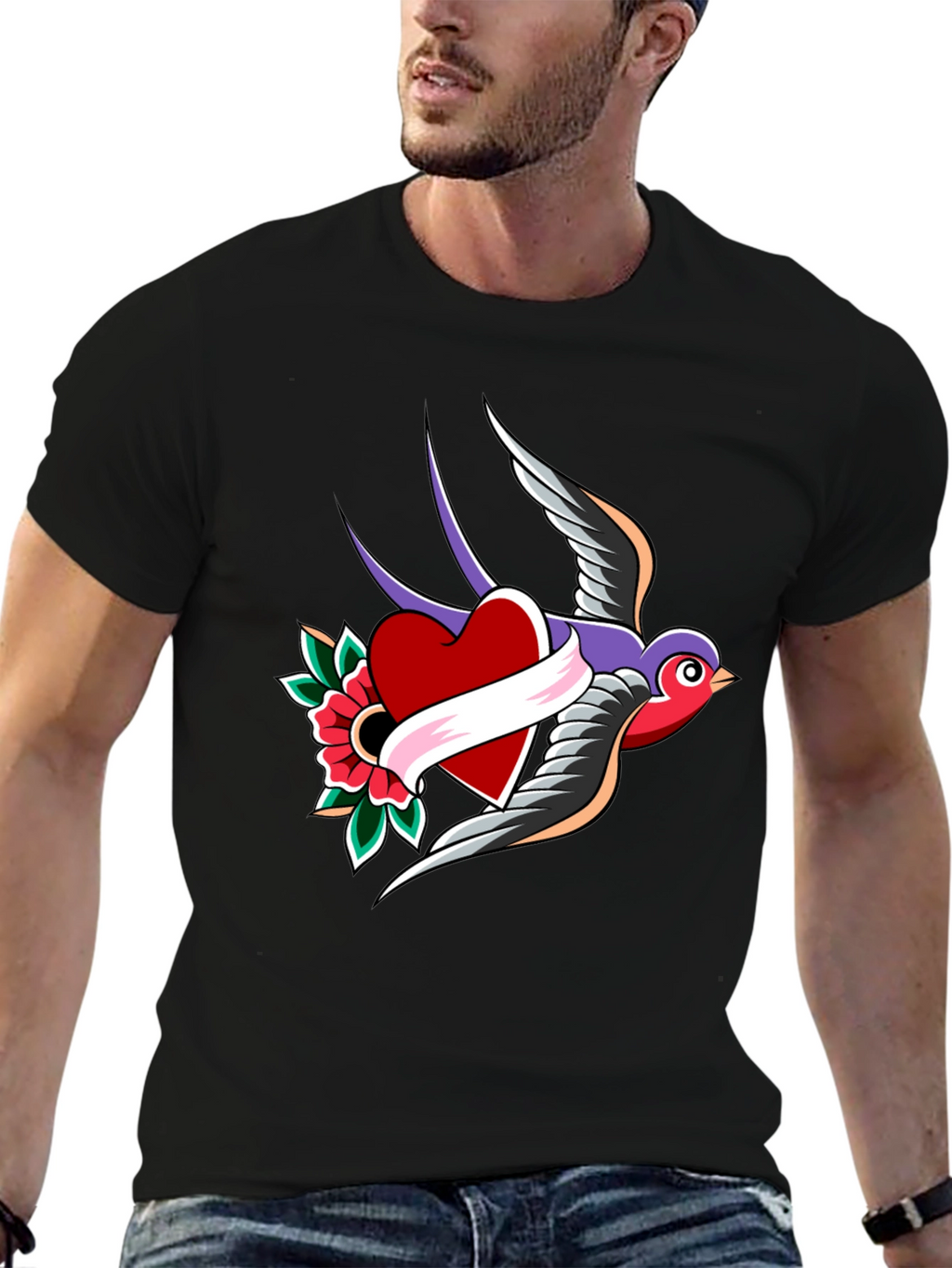 Swallow Heart Tattoo Style Mens Black T-Shirt