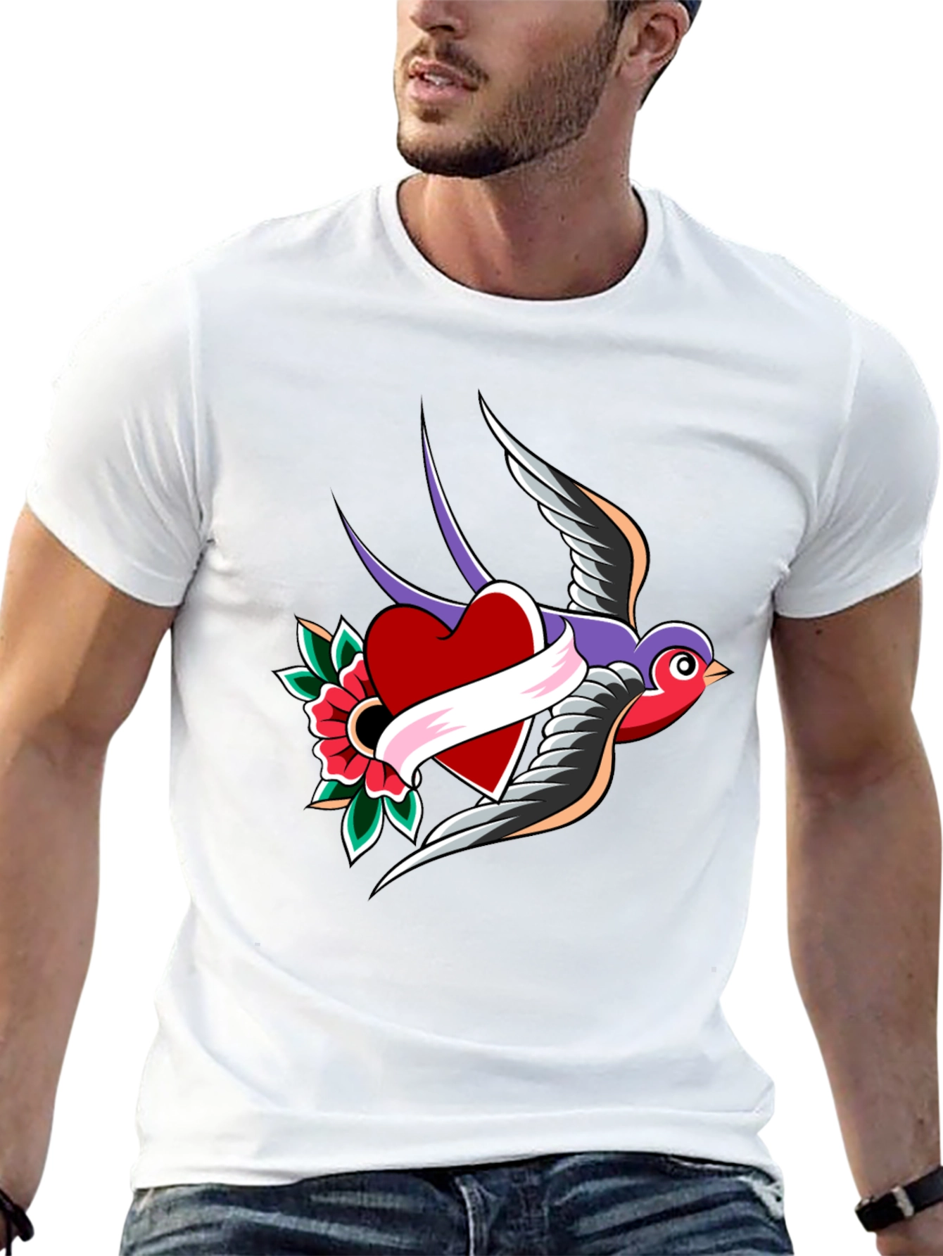 Swallow Heart Tattoo Style Mens Black T-Shirt