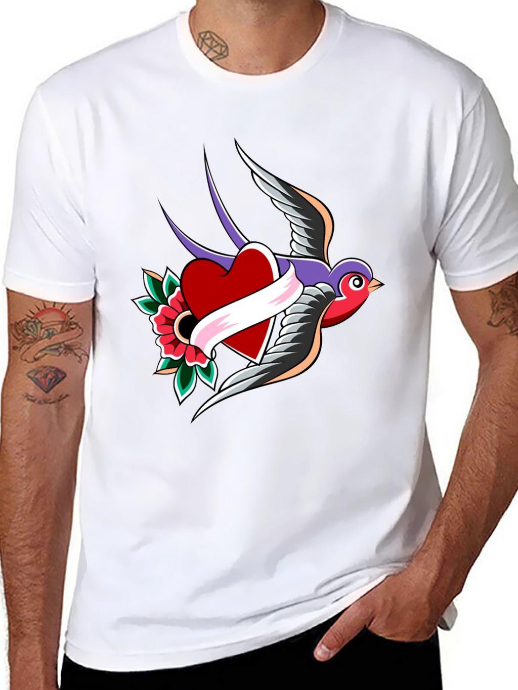 Swallow Heart Tattoo Style Mens Black T-Shirt