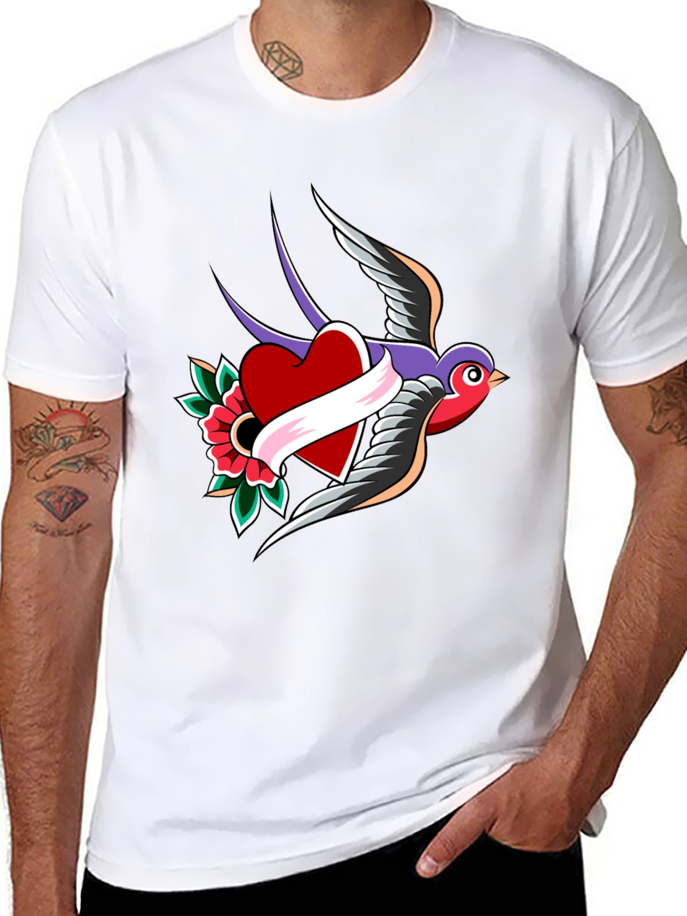 Swallow Heart Tattoo Style Mens Black T-Shirt
