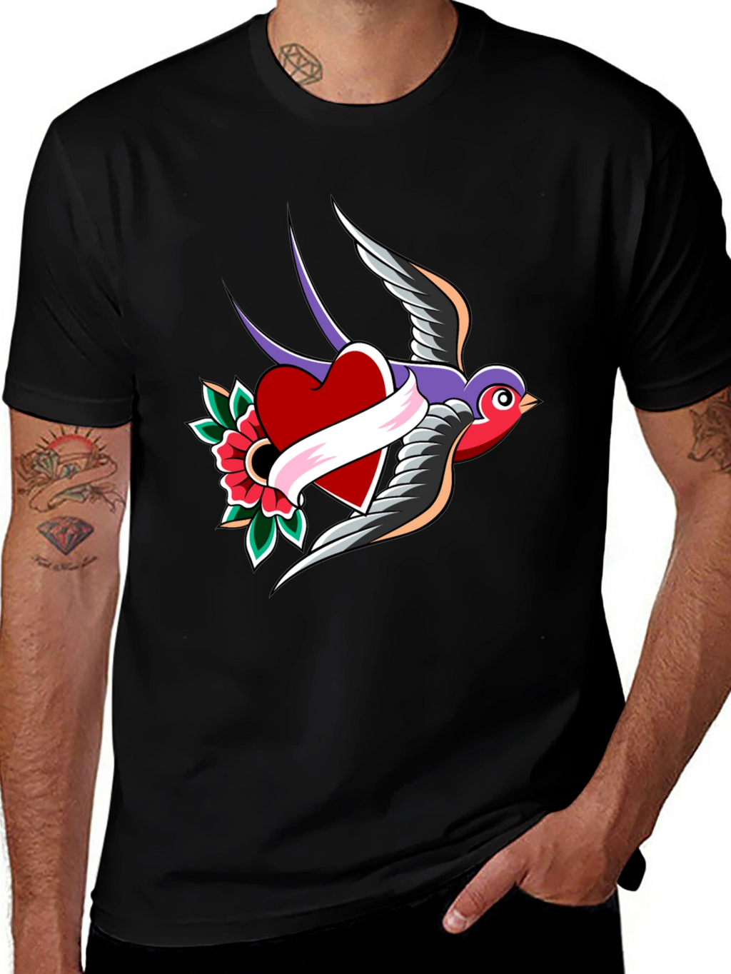 Swallow Heart Tattoo Style Mens Black T-Shirt