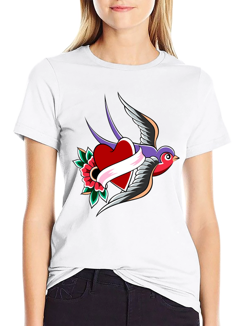 Swallow Heart Tattoo Style Mens Black T-Shirt