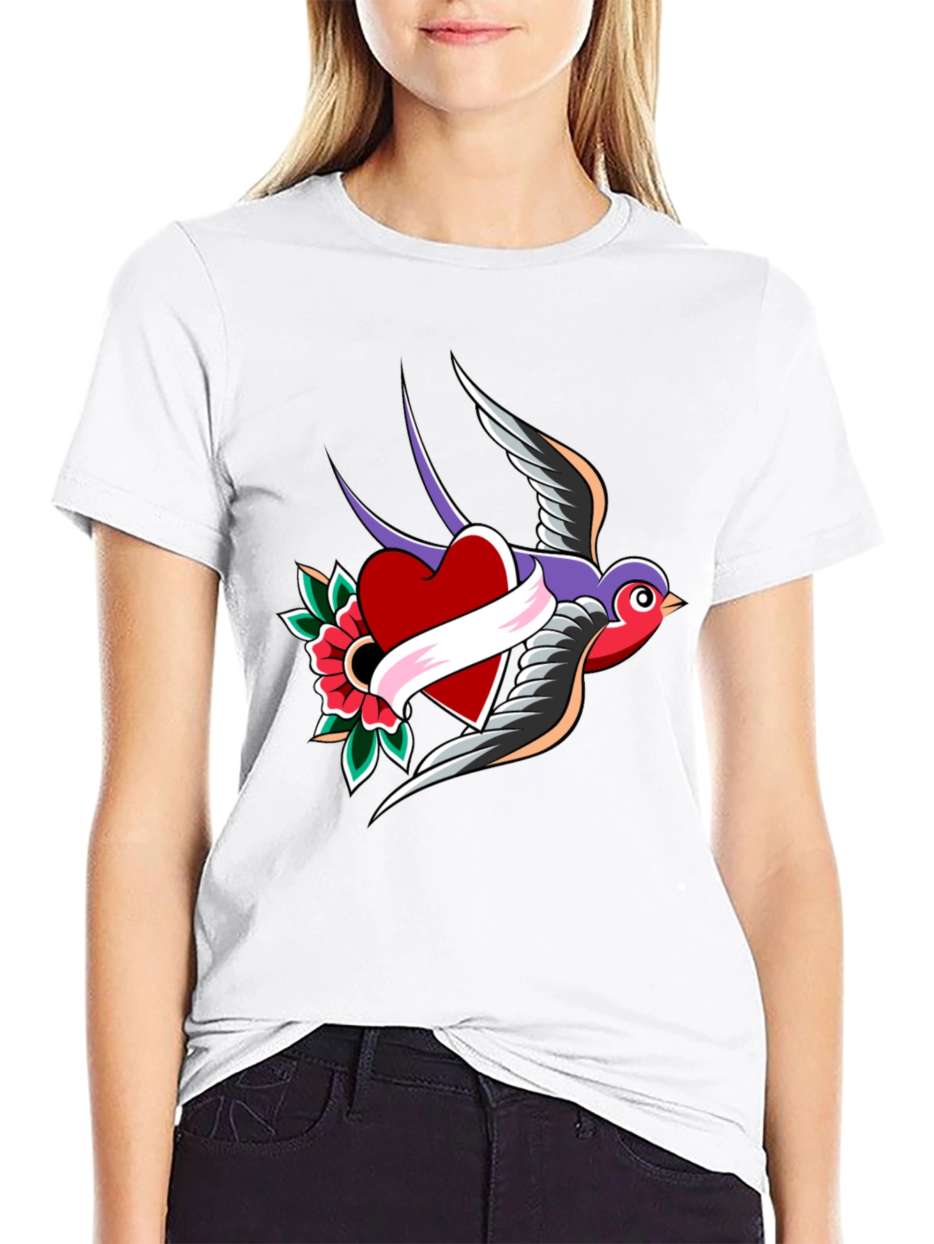 Swallow Heart Tattoo Style Mens Black T-Shirt