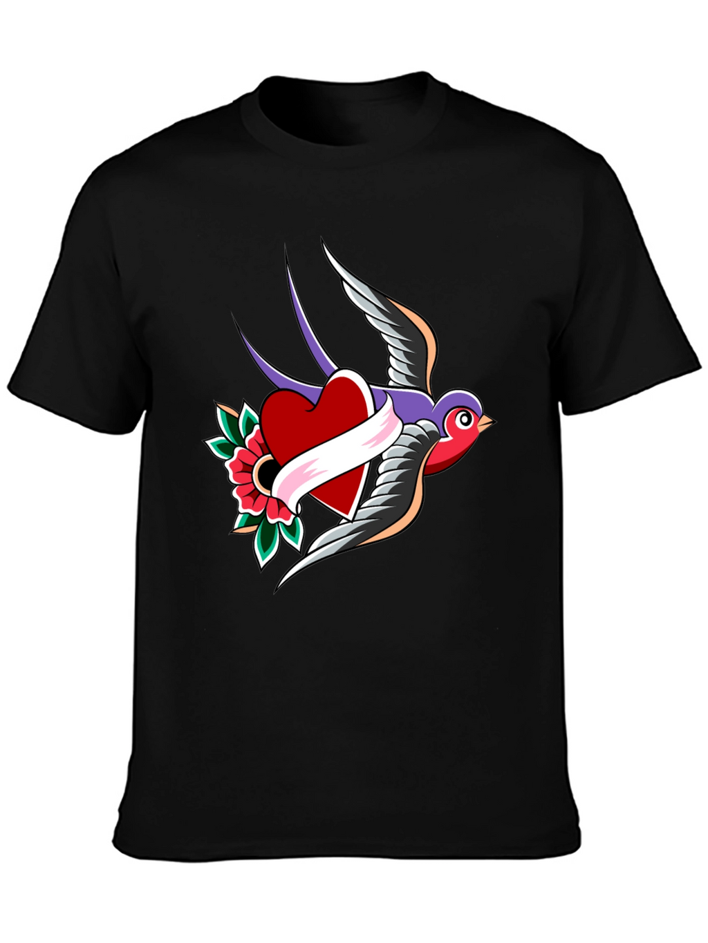 Swallow Heart Tattoo Style Mens Black T-Shirt