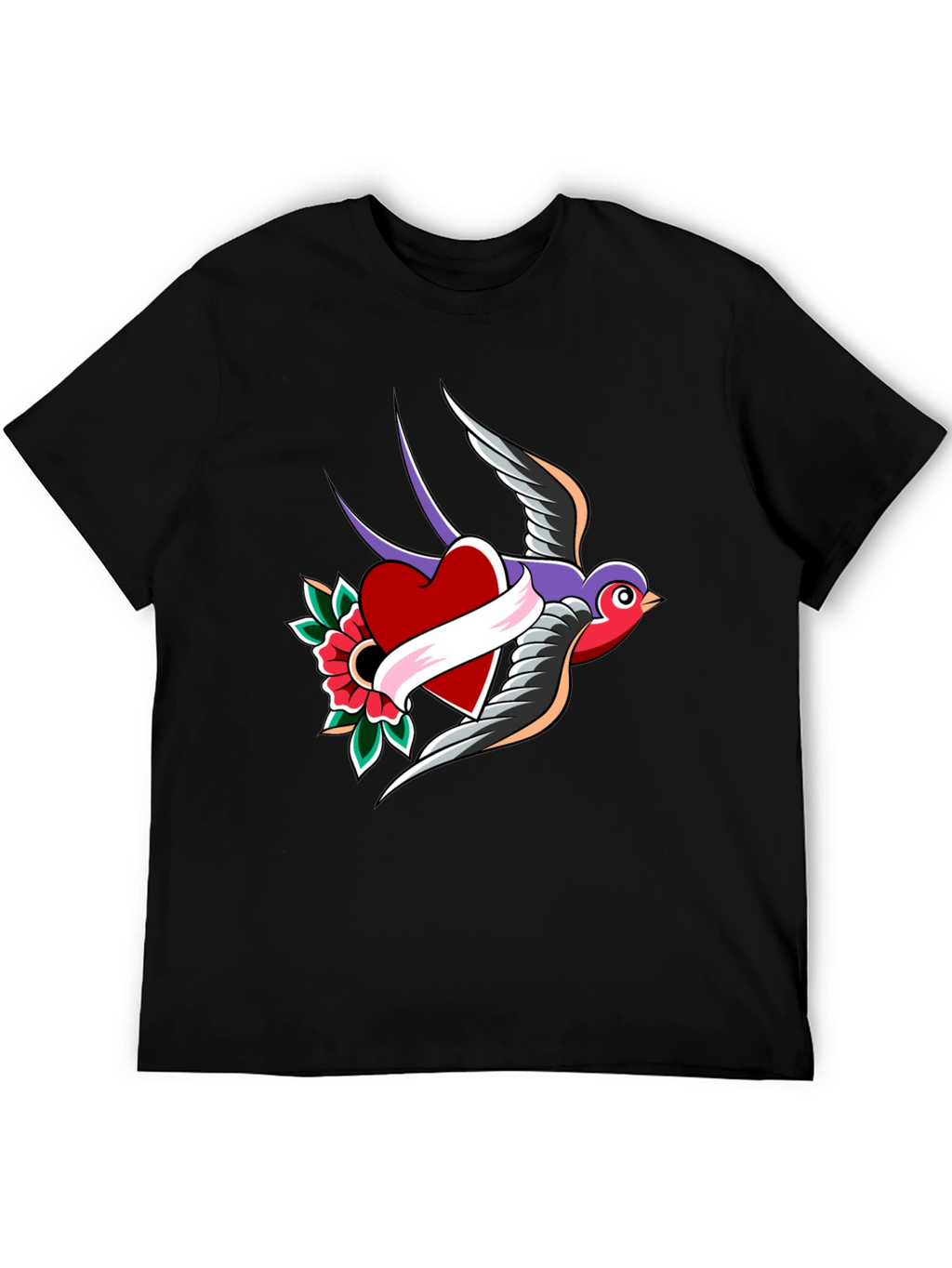 Swallow Heart Tattoo Style Mens Black T-Shirt