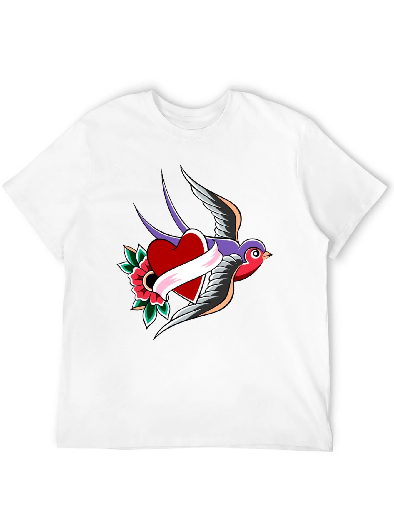 Swallow Heart Tattoo Style Mens Black T-Shirt