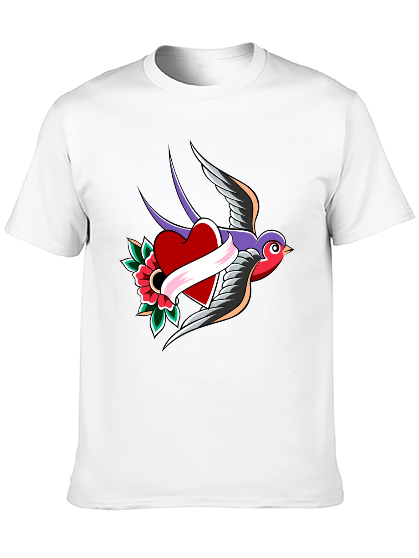 Swallow Heart Tattoo Style Mens Black T-Shirt