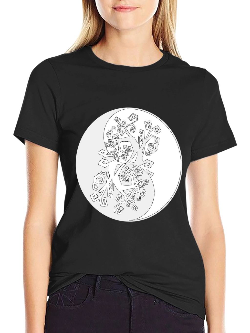 Yin Yang Tree Graphic Tee - Black Cotton Blend