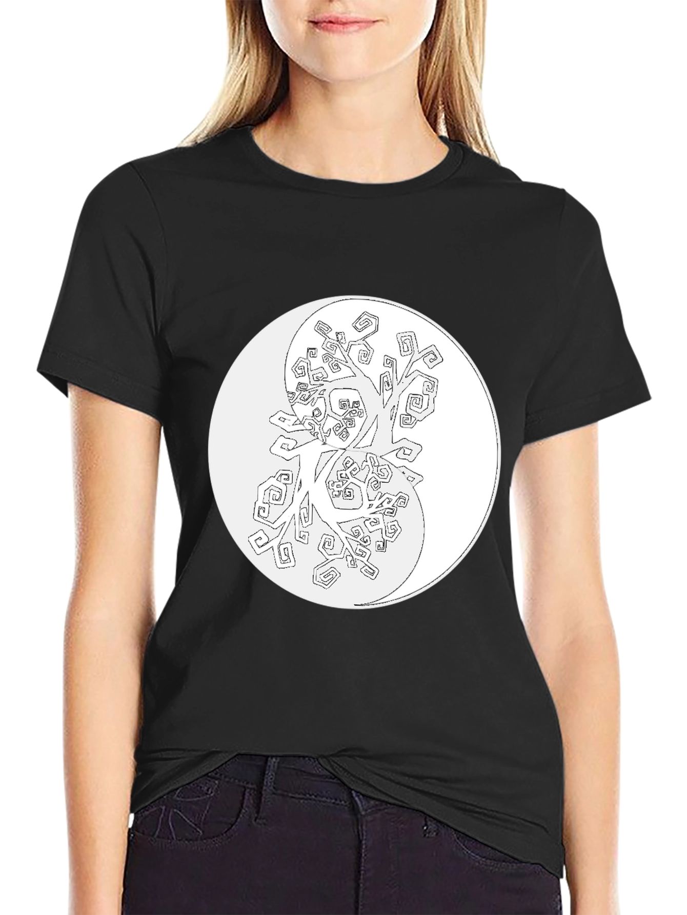 Yin Yang Tree Graphic Tee - Black Cotton Blend