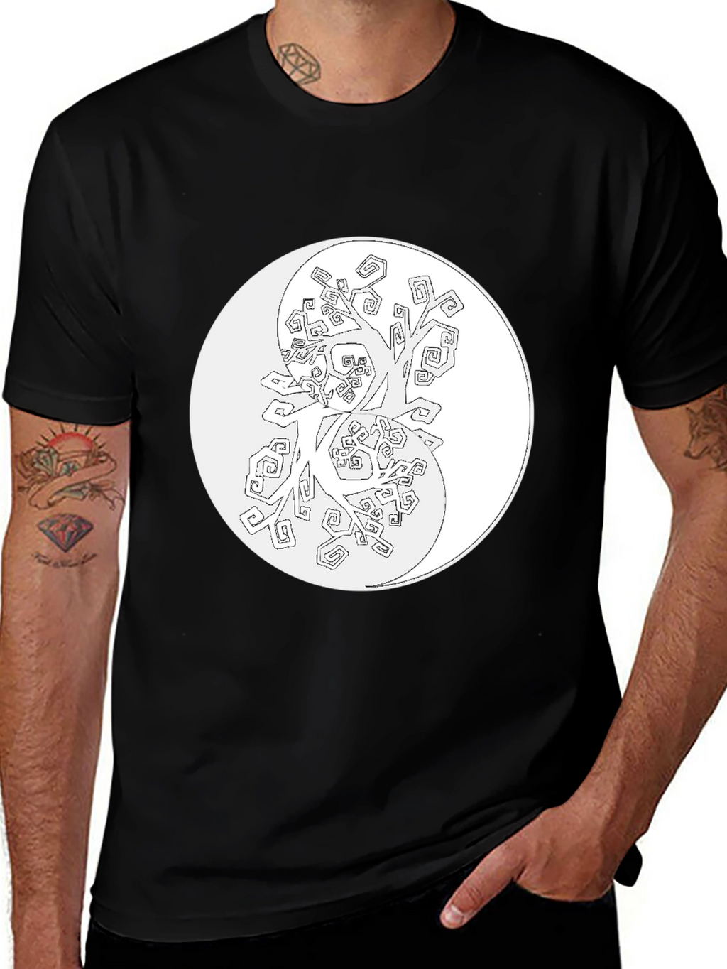 Yin Yang Tree Graphic Tee - Black Cotton Blend
