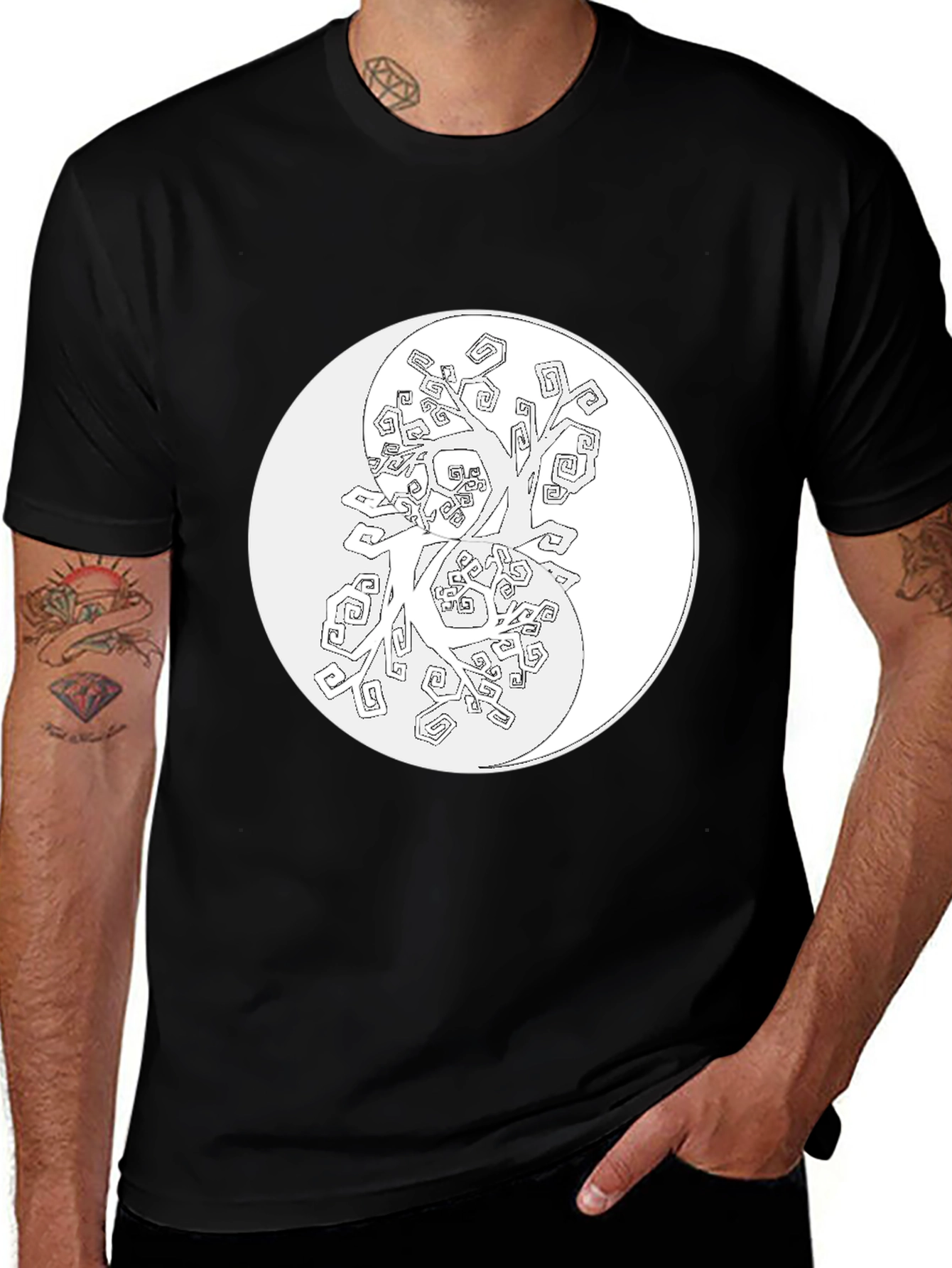 Yin Yang Tree Graphic Tee - Black Cotton Blend
