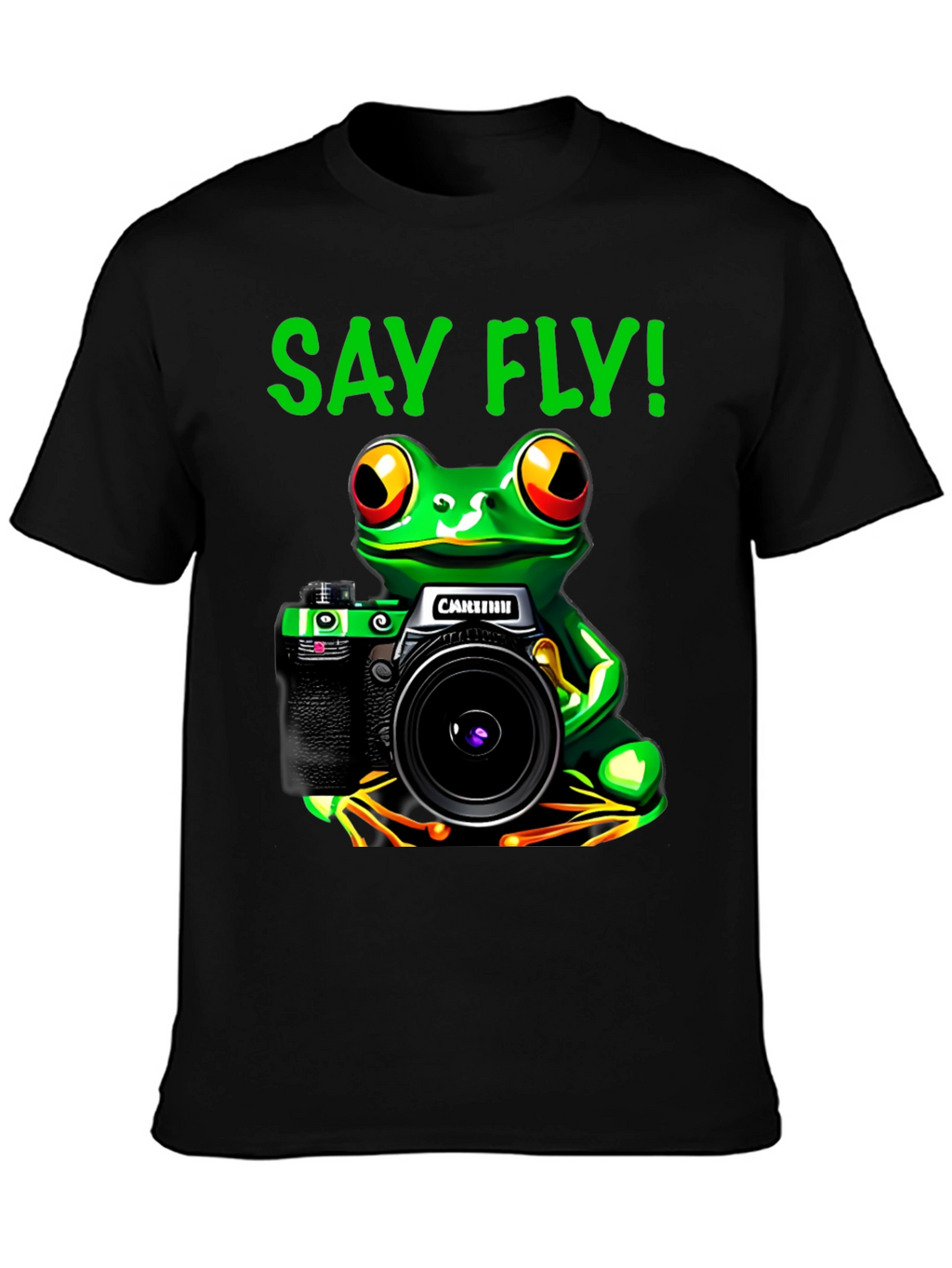 Frog Photographer T-Shirt - Say Fly! Black Cotton Tee