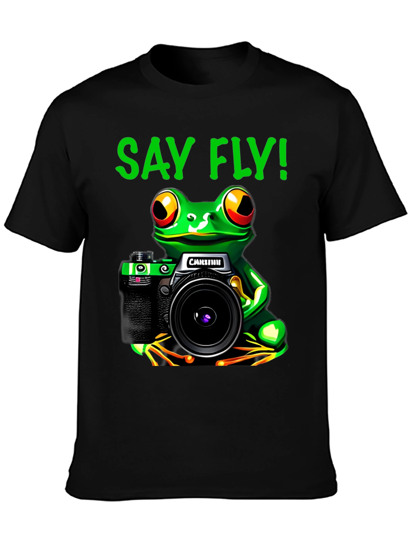 Frog Photographer T-Shirt - Say Fly! Black Cotton Tee