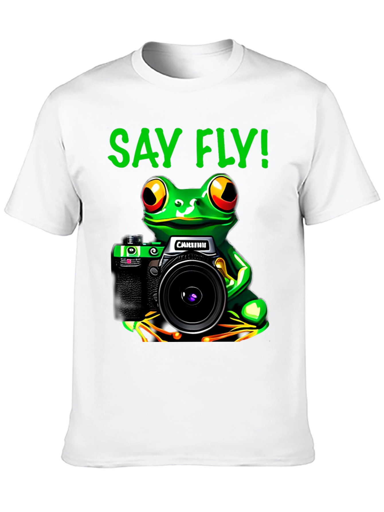 Frog Photographer T-Shirt - Say Fly! Black Cotton Tee