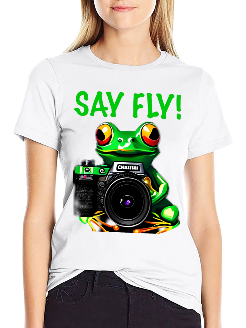 Frog Photographer T-Shirt - Say Fly! Black Cotton Tee