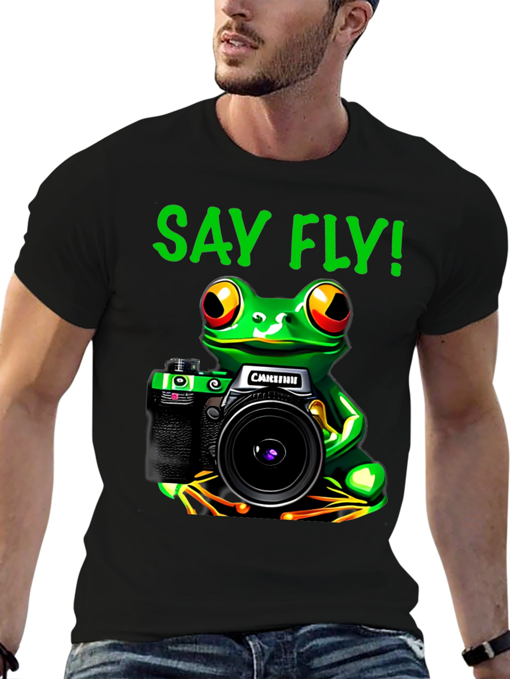 Frog Photographer T-Shirt - Say Fly! Black Cotton Tee