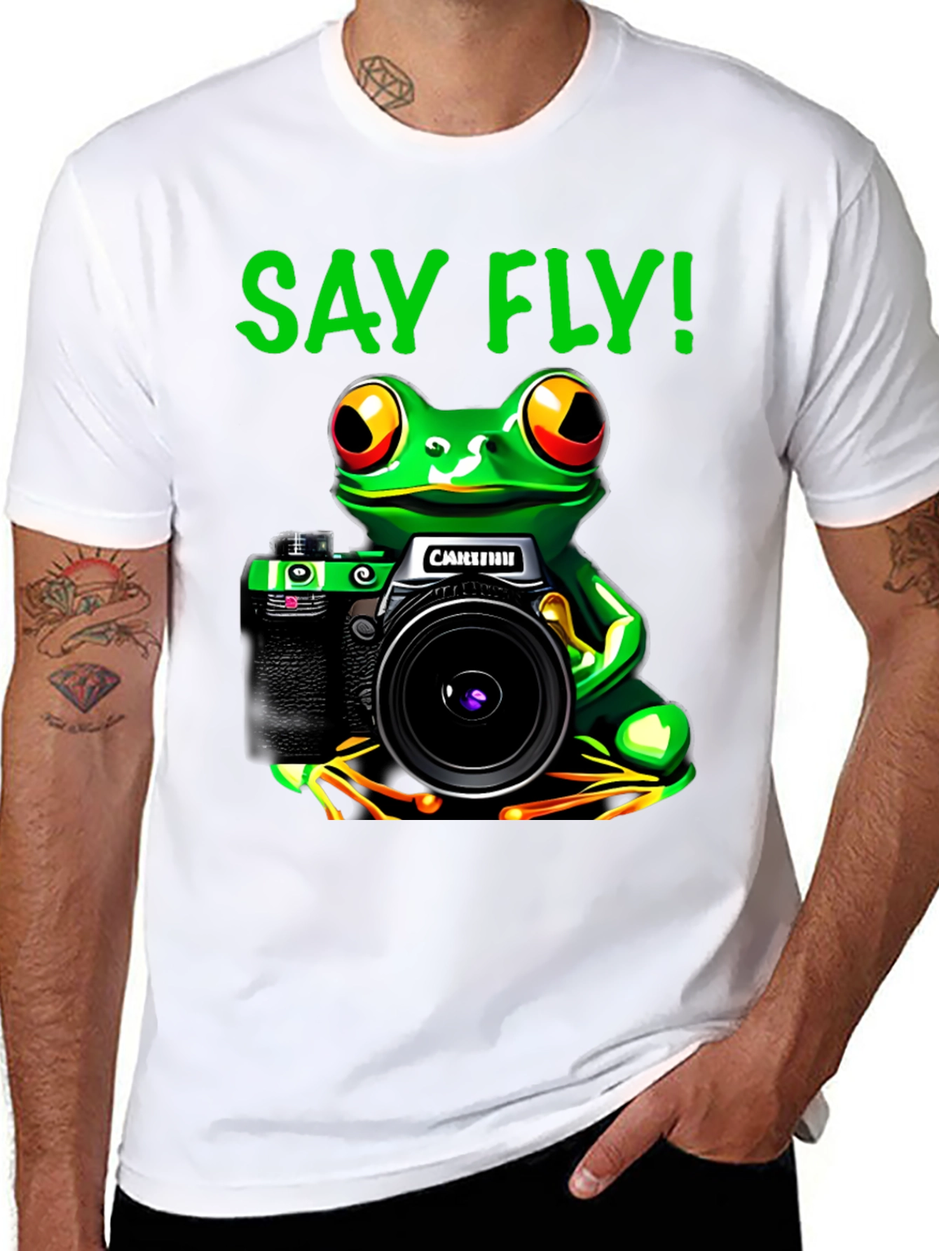 Frog Photographer T-Shirt - Say Fly! Black Cotton Tee