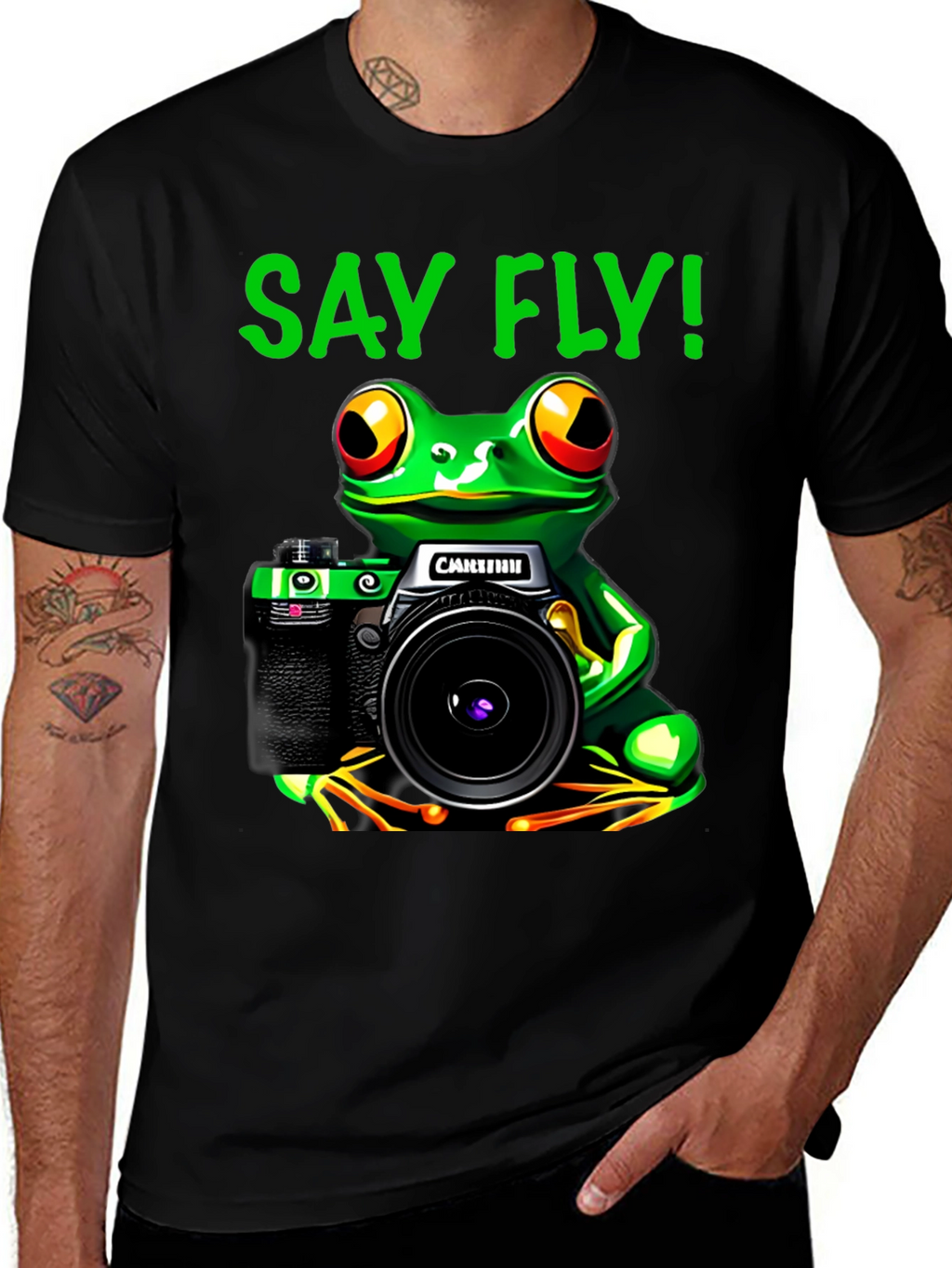 Frog Photographer T-Shirt - Say Fly! Black Cotton Tee