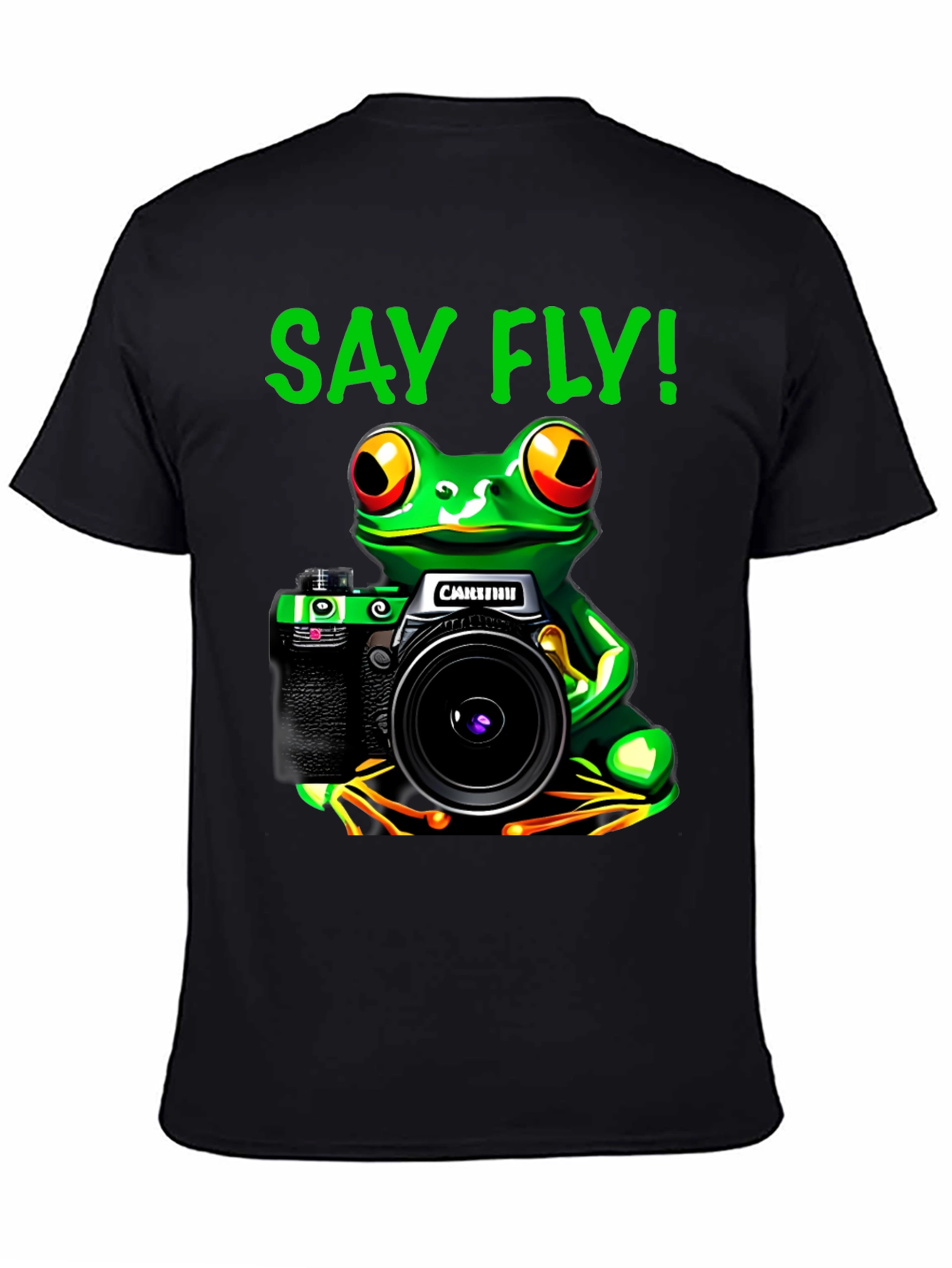 Frog Photographer T-Shirt - Say Fly! Black Cotton Tee